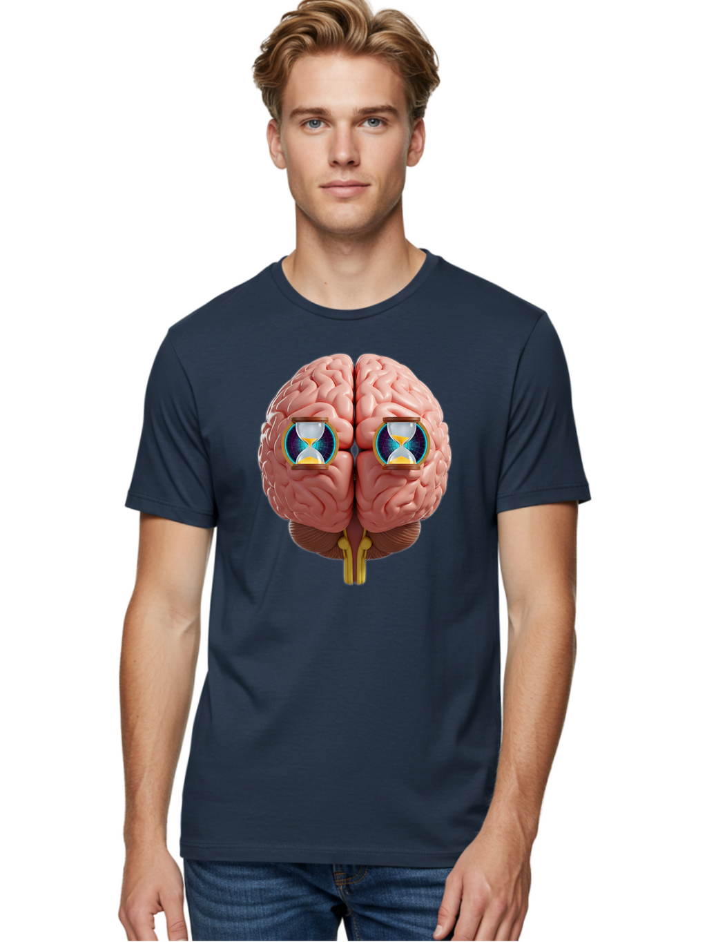 Brain-With-Hourglasses Men'S Graphic Tee, 100% Cotton, Comfortable Casual Summer Wear, Machine Washable, Human Brain Illustration, Hourglasses In Brain, Time Passing, Cognitive Function, Mental Processing, Brain Activity, Neuroscience Concept, Baa216