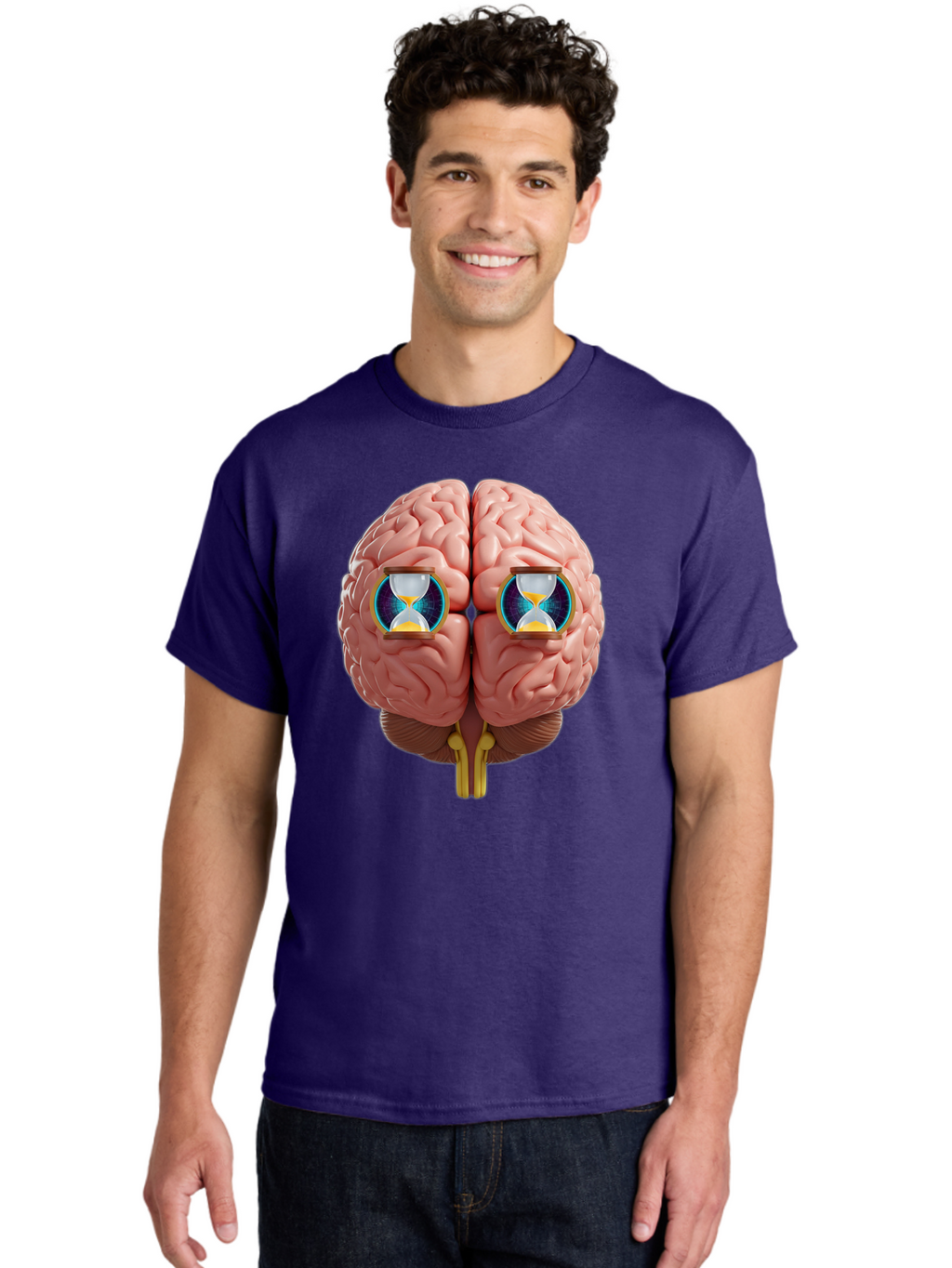 Brain-With-Hourglasses Men'S Graphic Tee, 100% Cotton, Comfortable Casual Summer Wear, Machine Washable, Human Brain Illustration, Hourglasses In Brain, Time Passing, Cognitive Function, Mental Processing, Brain Activity, Neuroscience Concept, Baa216