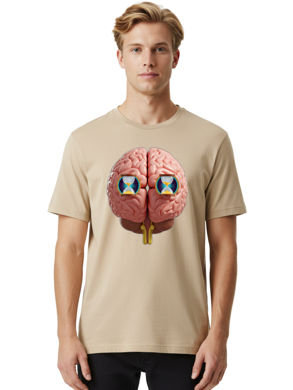 Brain-With-Hourglasses Men'S Graphic Tee, 100% Cotton, Comfortable Casual Summer Wear, Machine Washable, Human Brain Illustration, Hourglasses In Brain, Time Passing, Cognitive Function, Mental Processing, Brain Activity, Neuroscience Concept, Baa216