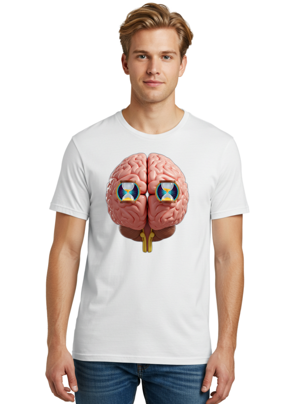 Brain-With-Hourglasses Men'S Graphic Tee, 100% Cotton, Comfortable Casual Summer Wear, Machine Washable, Human Brain Illustration, Hourglasses In Brain, Time Passing, Cognitive Function, Mental Processing, Brain Activity, Neuroscience Concept, Baa216