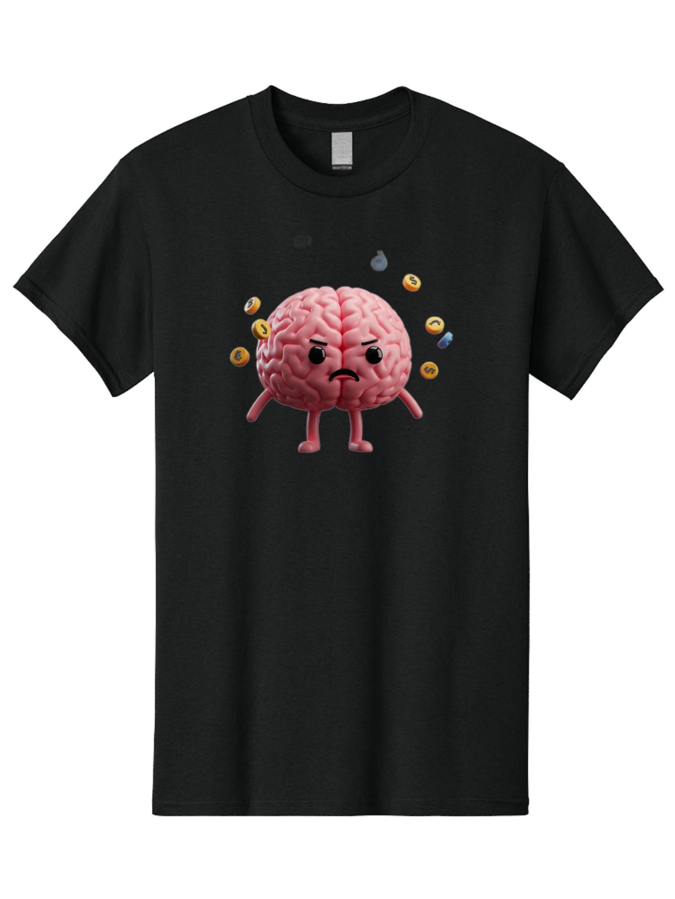 Brain-With-Legs-And-Arms Men'S Graphic Tee, 100% Cotton, Comfortable Casual Summer Wear, Machine Washable, Cartoon Brain, Angry Face, Frowning, Confused Expression, Scattered Pills, Medication, Health Issue, Cognitive Function, Baa217