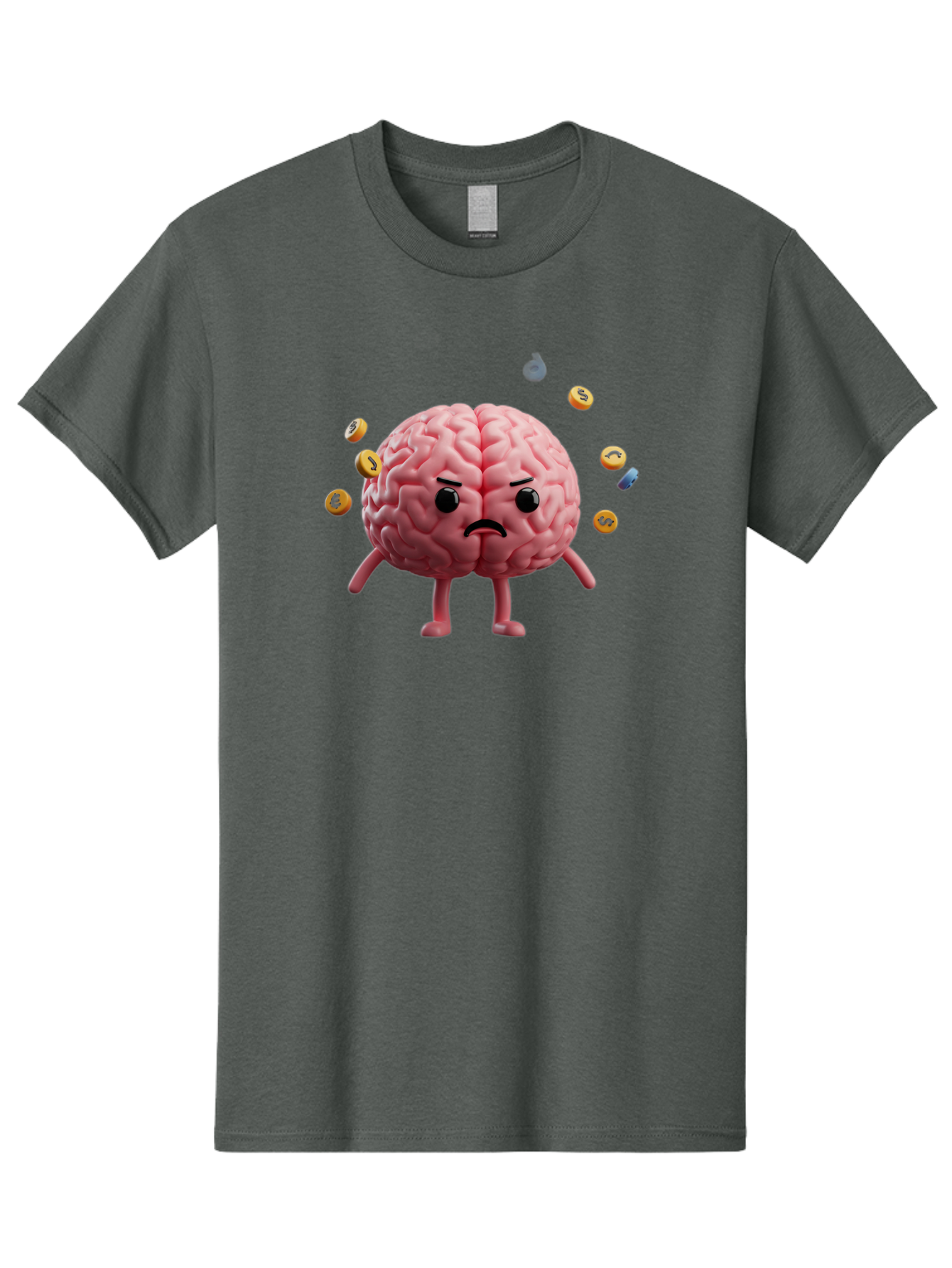 Brain-With-Legs-And-Arms Men'S Graphic Tee, 100% Cotton, Comfortable Casual Summer Wear, Machine Washable, Cartoon Brain, Angry Face, Frowning, Confused Expression, Scattered Pills, Medication, Health Issue, Cognitive Function, Baa217
