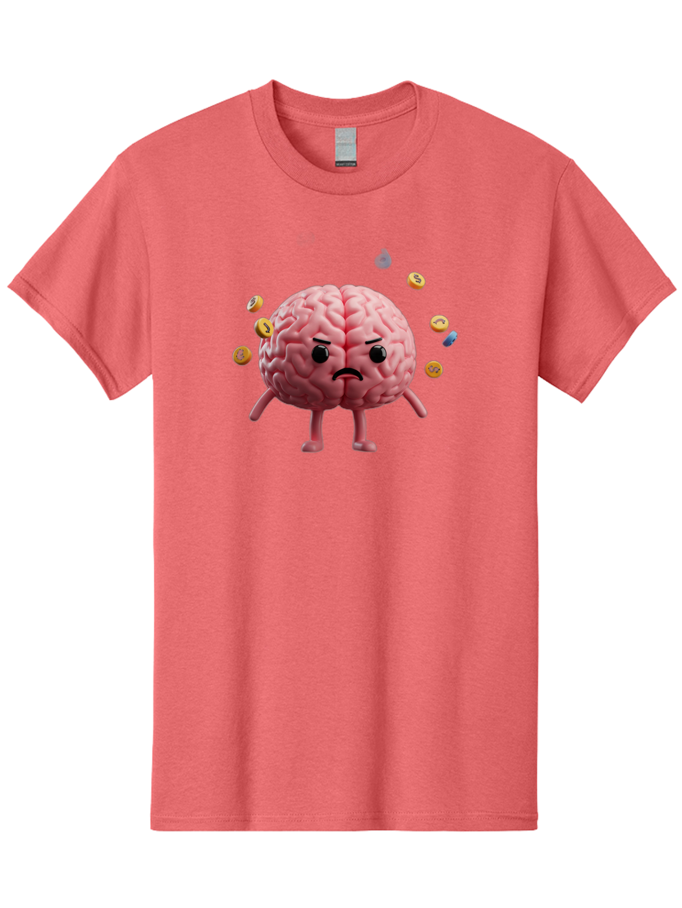Brain-With-Legs-And-Arms Men'S Graphic Tee, 100% Cotton, Comfortable Casual Summer Wear, Machine Washable, Cartoon Brain, Angry Face, Frowning, Confused Expression, Scattered Pills, Medication, Health Issue, Cognitive Function, Baa217