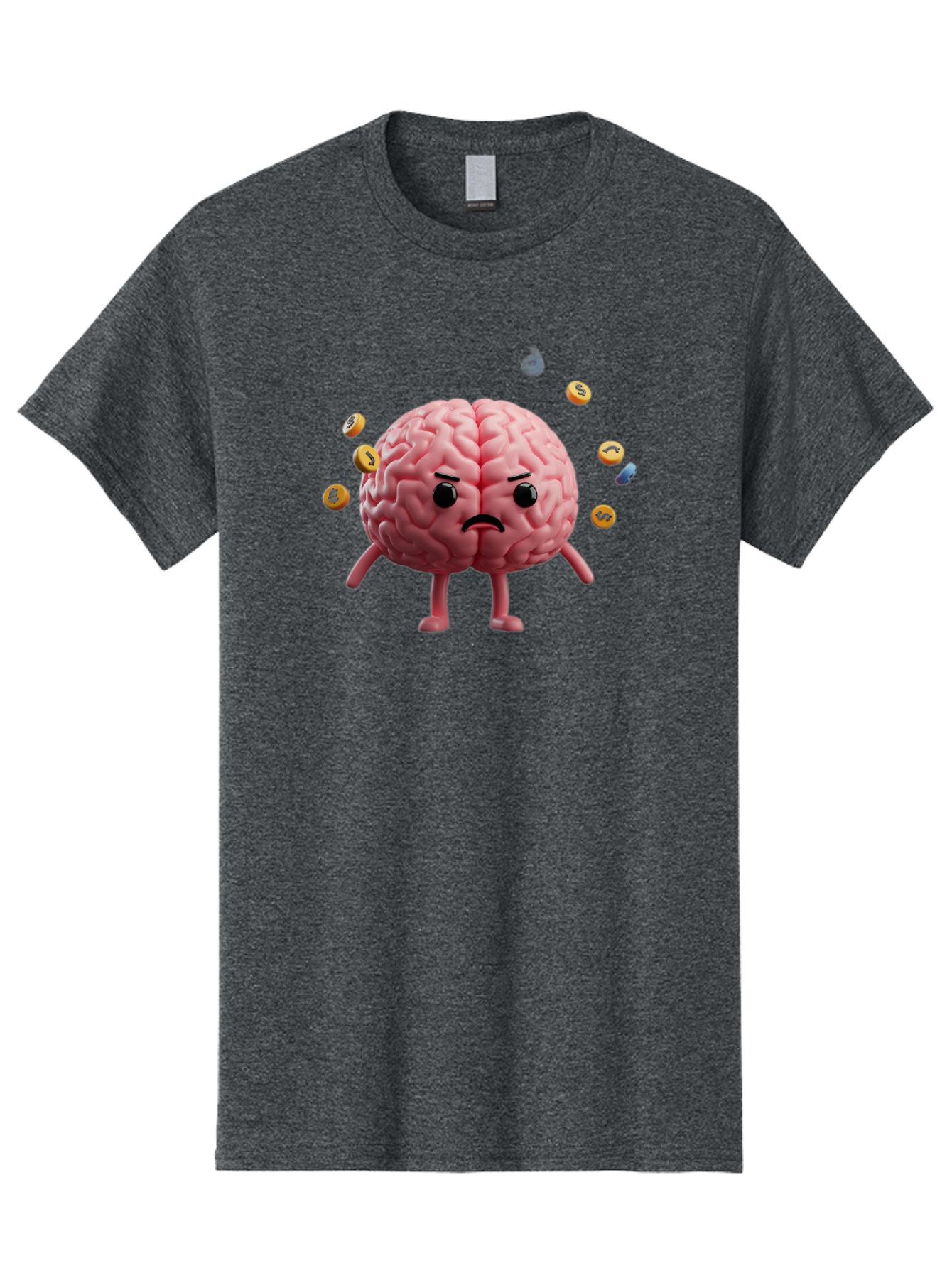 Brain-With-Legs-And-Arms Men'S Graphic Tee, 100% Cotton, Comfortable Casual Summer Wear, Machine Washable, Cartoon Brain, Angry Face, Frowning, Confused Expression, Scattered Pills, Medication, Health Issue, Cognitive Function, Baa217
