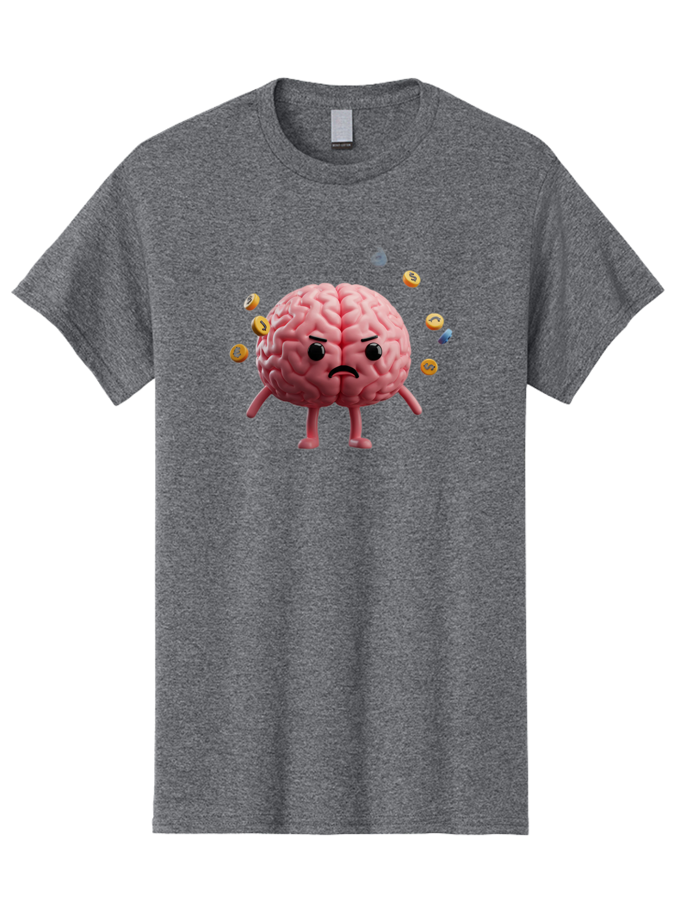 Brain-With-Legs-And-Arms Men'S Graphic Tee, 100% Cotton, Comfortable Casual Summer Wear, Machine Washable, Cartoon Brain, Angry Face, Frowning, Confused Expression, Scattered Pills, Medication, Health Issue, Cognitive Function, Baa217