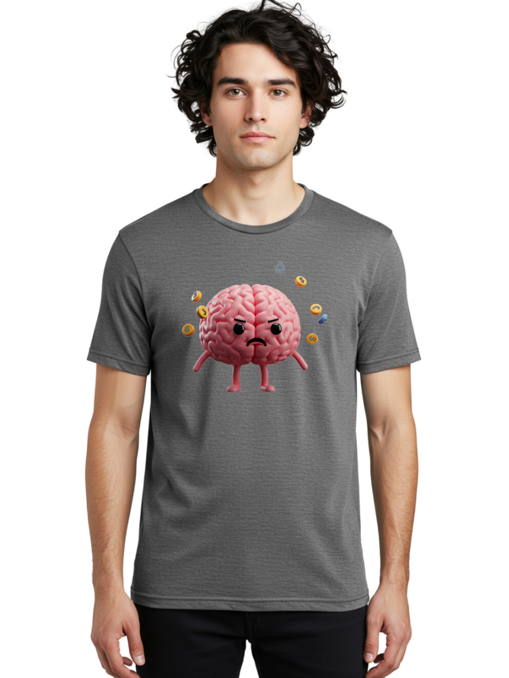 Brain-With-Legs-And-Arms Men'S Graphic Tee, 100% Cotton, Comfortable Casual Summer Wear, Machine Washable, Cartoon Brain, Angry Face, Frowning, Confused Expression, Scattered Pills, Medication, Health Issue, Cognitive Function, Baa217