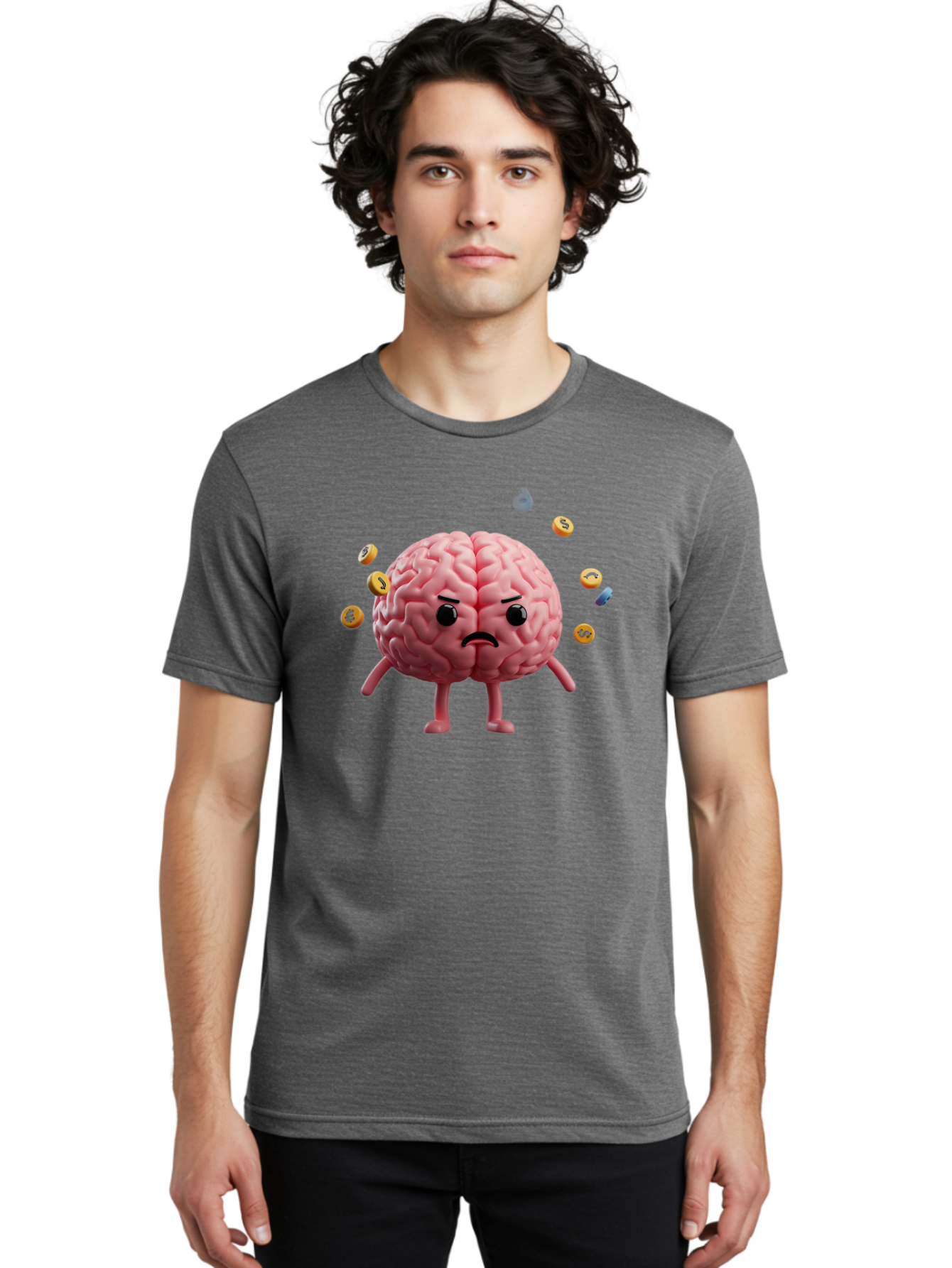 Brain-With-Legs-And-Arms Men'S Graphic Tee, 100% Cotton, Comfortable Casual Summer Wear, Machine Washable, Cartoon Brain, Angry Face, Frowning, Confused Expression, Scattered Pills, Medication, Health Issue, Cognitive Function, Baa217