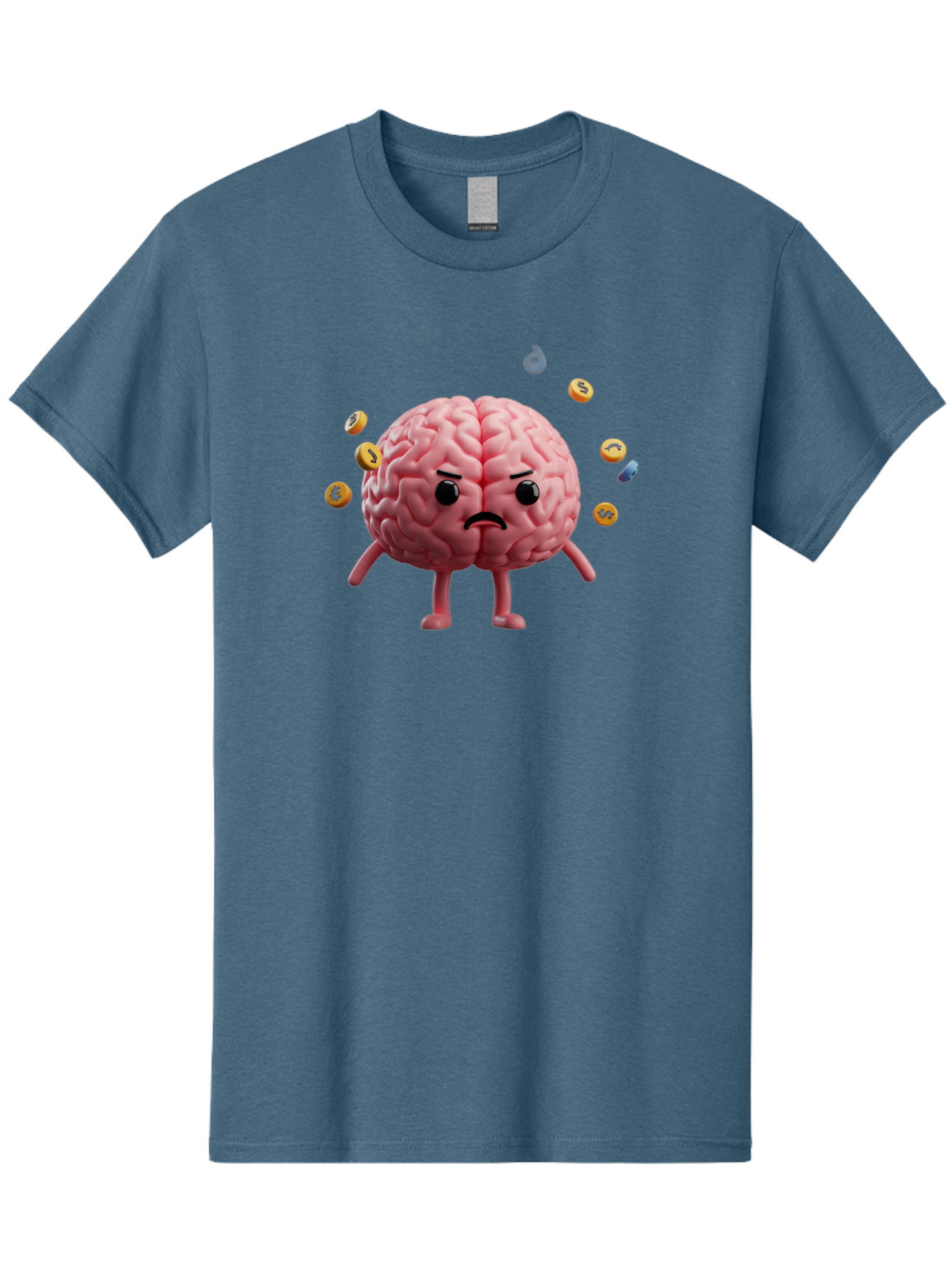 Brain-With-Legs-And-Arms Men'S Graphic Tee, 100% Cotton, Comfortable Casual Summer Wear, Machine Washable, Cartoon Brain, Angry Face, Frowning, Confused Expression, Scattered Pills, Medication, Health Issue, Cognitive Function, Baa217