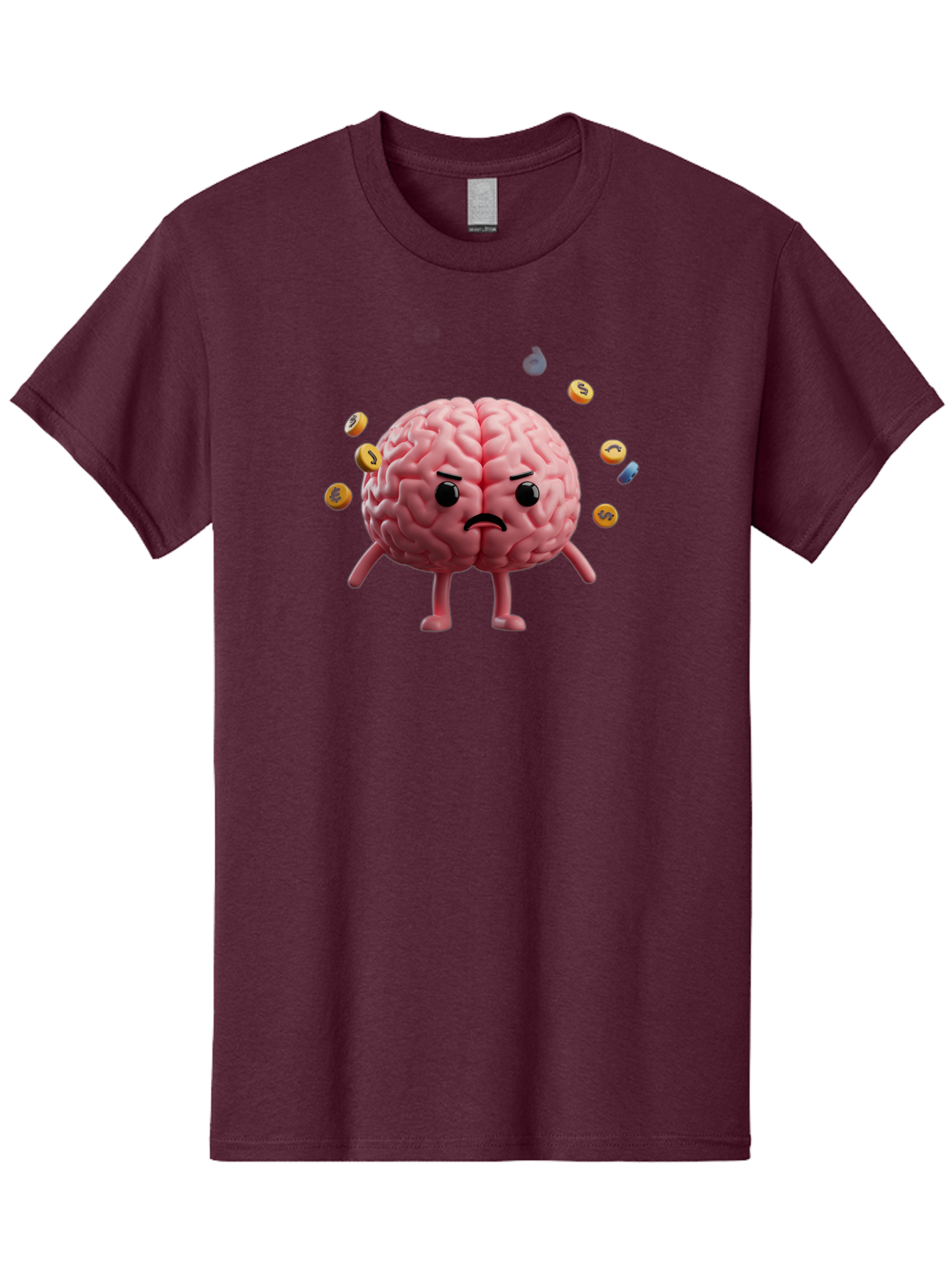 Brain-With-Legs-And-Arms Men'S Graphic Tee, 100% Cotton, Comfortable Casual Summer Wear, Machine Washable, Cartoon Brain, Angry Face, Frowning, Confused Expression, Scattered Pills, Medication, Health Issue, Cognitive Function, Baa217