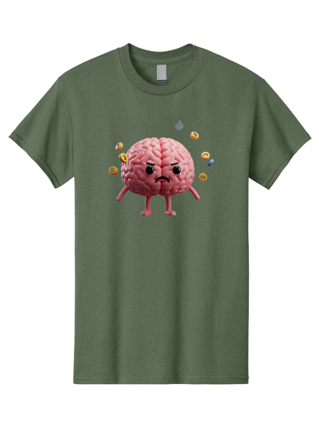 Brain-With-Legs-And-Arms Men'S Graphic Tee, 100% Cotton, Comfortable Casual Summer Wear, Machine Washable, Cartoon Brain, Angry Face, Frowning, Confused Expression, Scattered Pills, Medication, Health Issue, Cognitive Function, Baa217