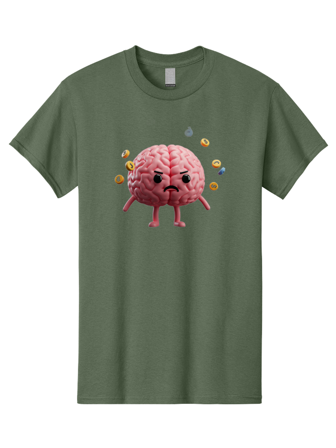 Brain-With-Legs-And-Arms Men'S Graphic Tee, 100% Cotton, Comfortable Casual Summer Wear, Machine Washable, Cartoon Brain, Angry Face, Frowning, Confused Expression, Scattered Pills, Medication, Health Issue, Cognitive Function, Baa217