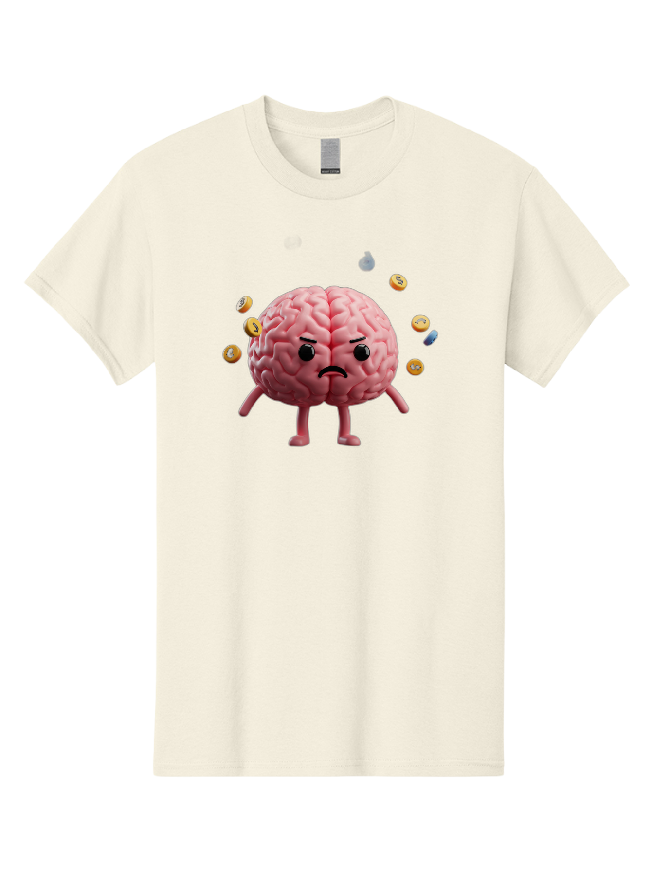 Brain-With-Legs-And-Arms Men'S Graphic Tee, 100% Cotton, Comfortable Casual Summer Wear, Machine Washable, Cartoon Brain, Angry Face, Frowning, Confused Expression, Scattered Pills, Medication, Health Issue, Cognitive Function, Baa217