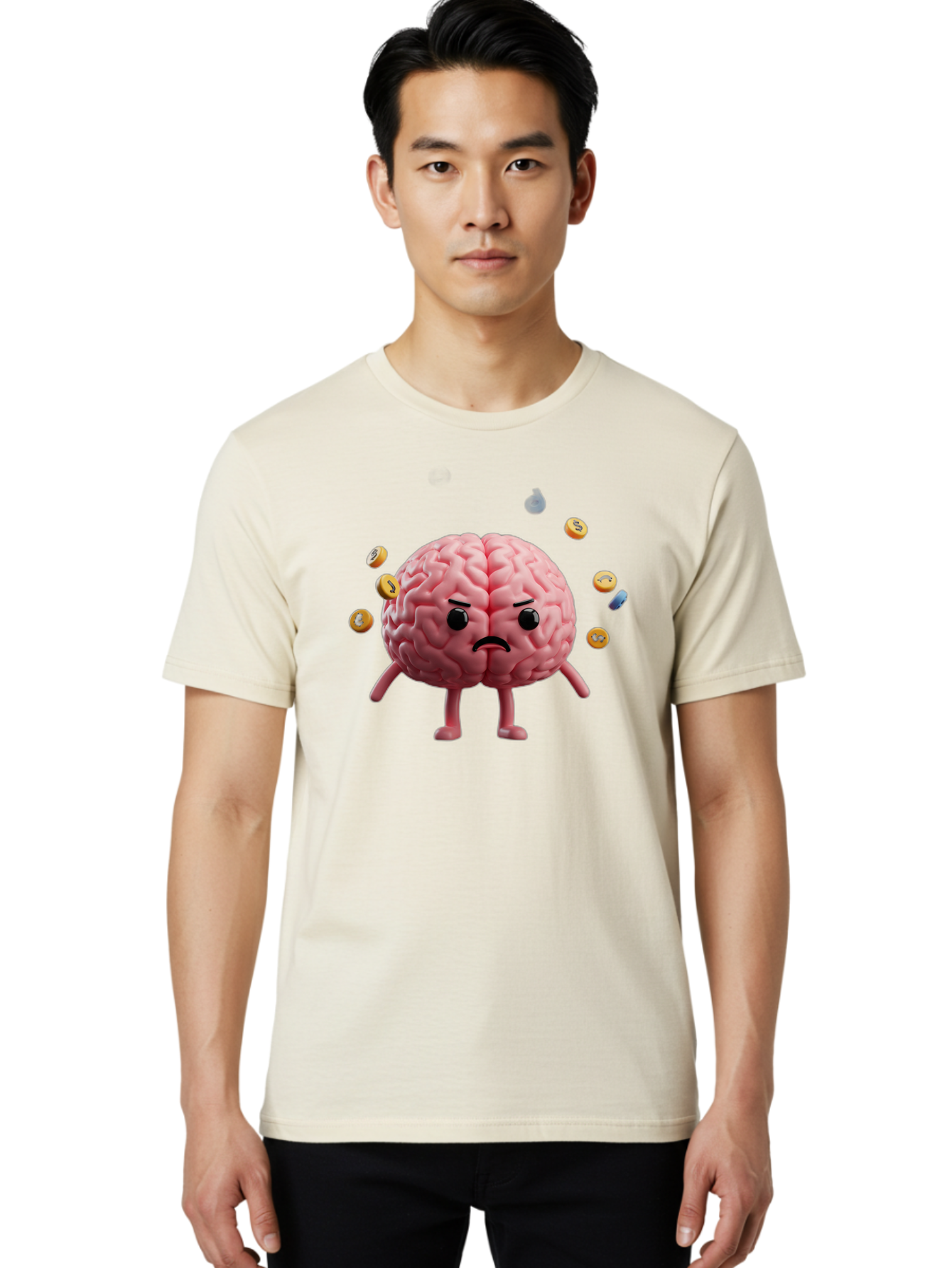 Brain-With-Legs-And-Arms Men'S Graphic Tee, 100% Cotton, Comfortable Casual Summer Wear, Machine Washable, Cartoon Brain, Angry Face, Frowning, Confused Expression, Scattered Pills, Medication, Health Issue, Cognitive Function, Baa217
