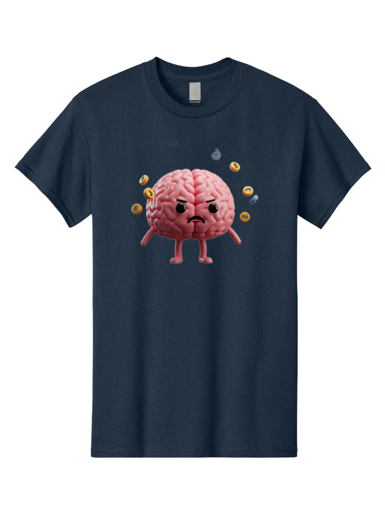 Brain-With-Legs-And-Arms Men'S Graphic Tee, 100% Cotton, Comfortable Casual Summer Wear, Machine Washable, Cartoon Brain, Angry Face, Frowning, Confused Expression, Scattered Pills, Medication, Health Issue, Cognitive Function, Baa217