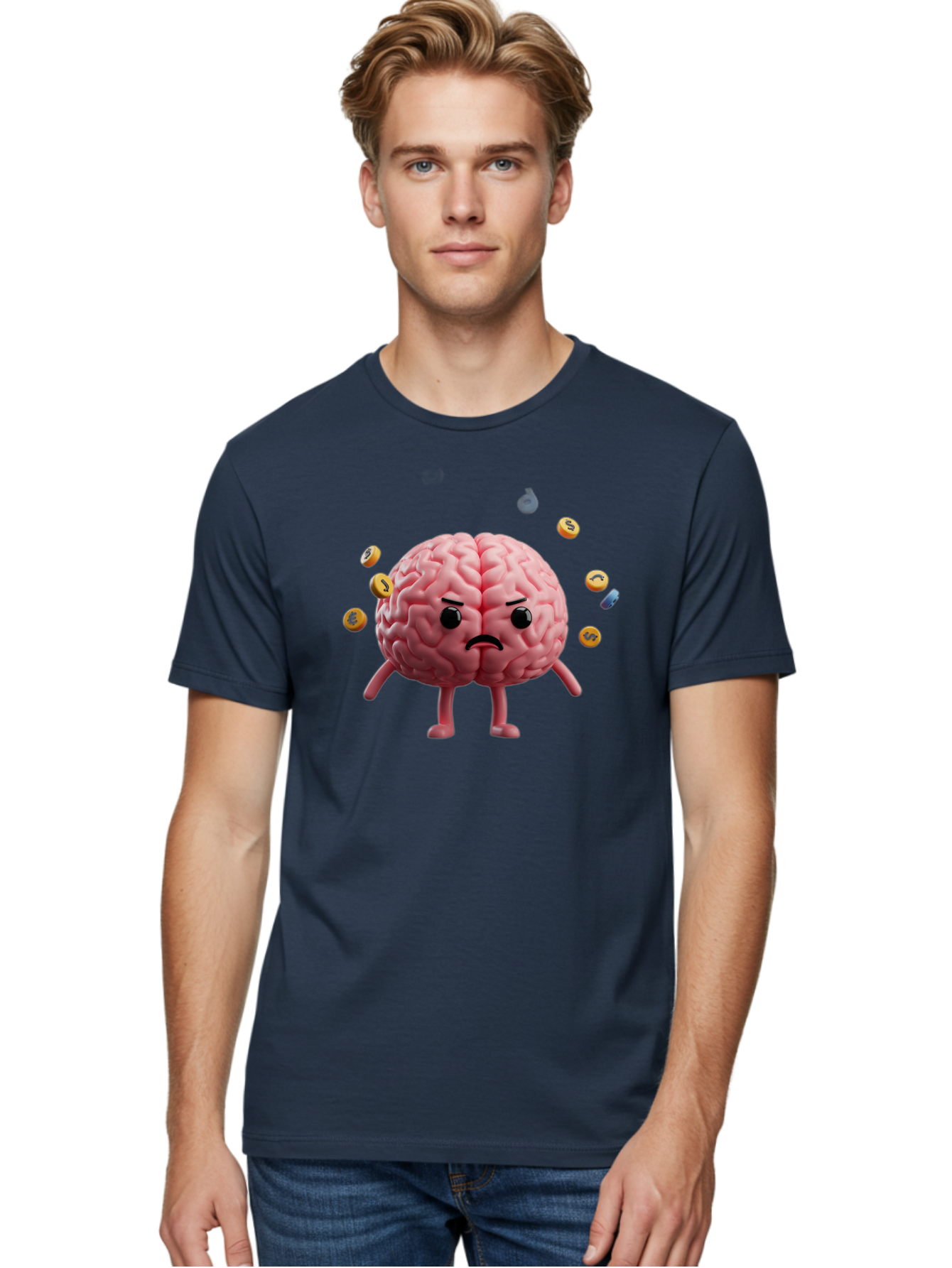 Brain-With-Legs-And-Arms Men'S Graphic Tee, 100% Cotton, Comfortable Casual Summer Wear, Machine Washable, Cartoon Brain, Angry Face, Frowning, Confused Expression, Scattered Pills, Medication, Health Issue, Cognitive Function, Baa217
