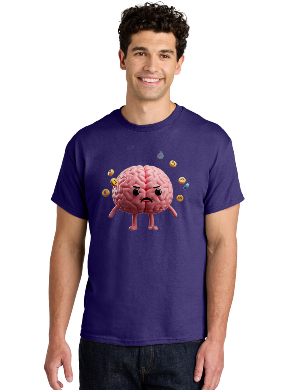 Brain-With-Legs-And-Arms Men'S Graphic Tee, 100% Cotton, Comfortable Casual Summer Wear, Machine Washable, Cartoon Brain, Angry Face, Frowning, Confused Expression, Scattered Pills, Medication, Health Issue, Cognitive Function, Baa217