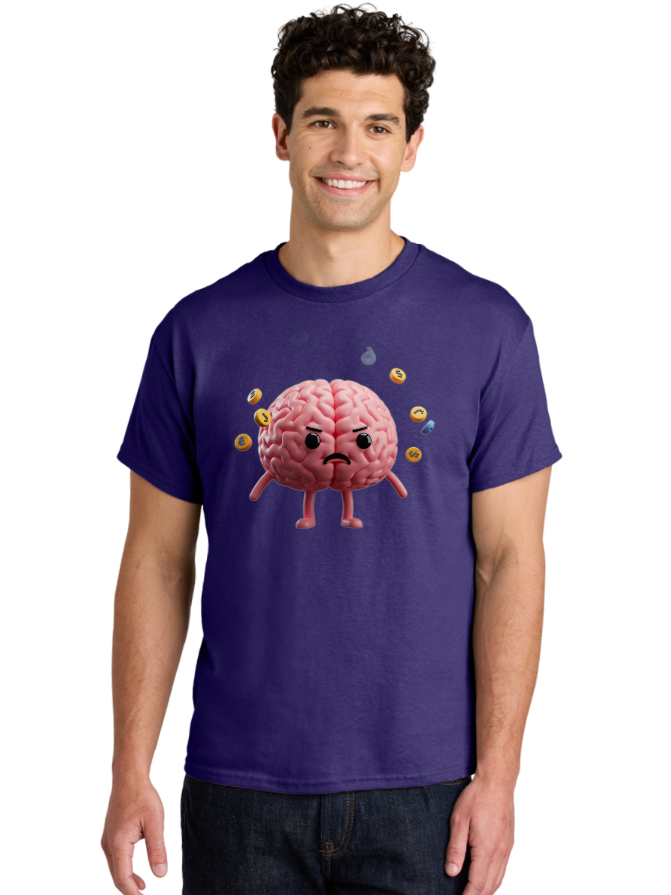 Brain-With-Legs-And-Arms Men'S Graphic Tee, 100% Cotton, Comfortable Casual Summer Wear, Machine Washable, Cartoon Brain, Angry Face, Frowning, Confused Expression, Scattered Pills, Medication, Health Issue, Cognitive Function, Baa217