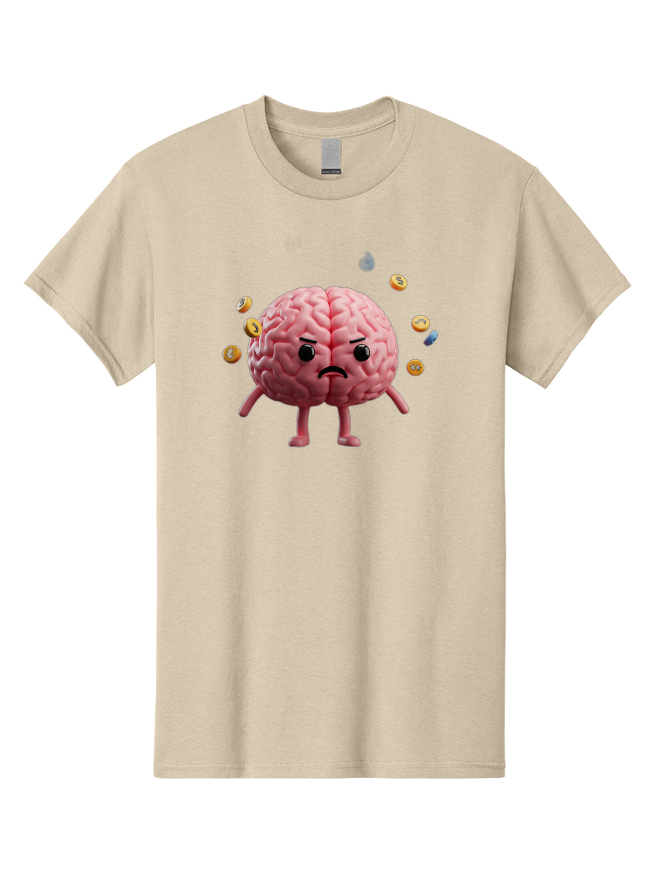 Brain-With-Legs-And-Arms Men'S Graphic Tee, 100% Cotton, Comfortable Casual Summer Wear, Machine Washable, Cartoon Brain, Angry Face, Frowning, Confused Expression, Scattered Pills, Medication, Health Issue, Cognitive Function, Baa217
