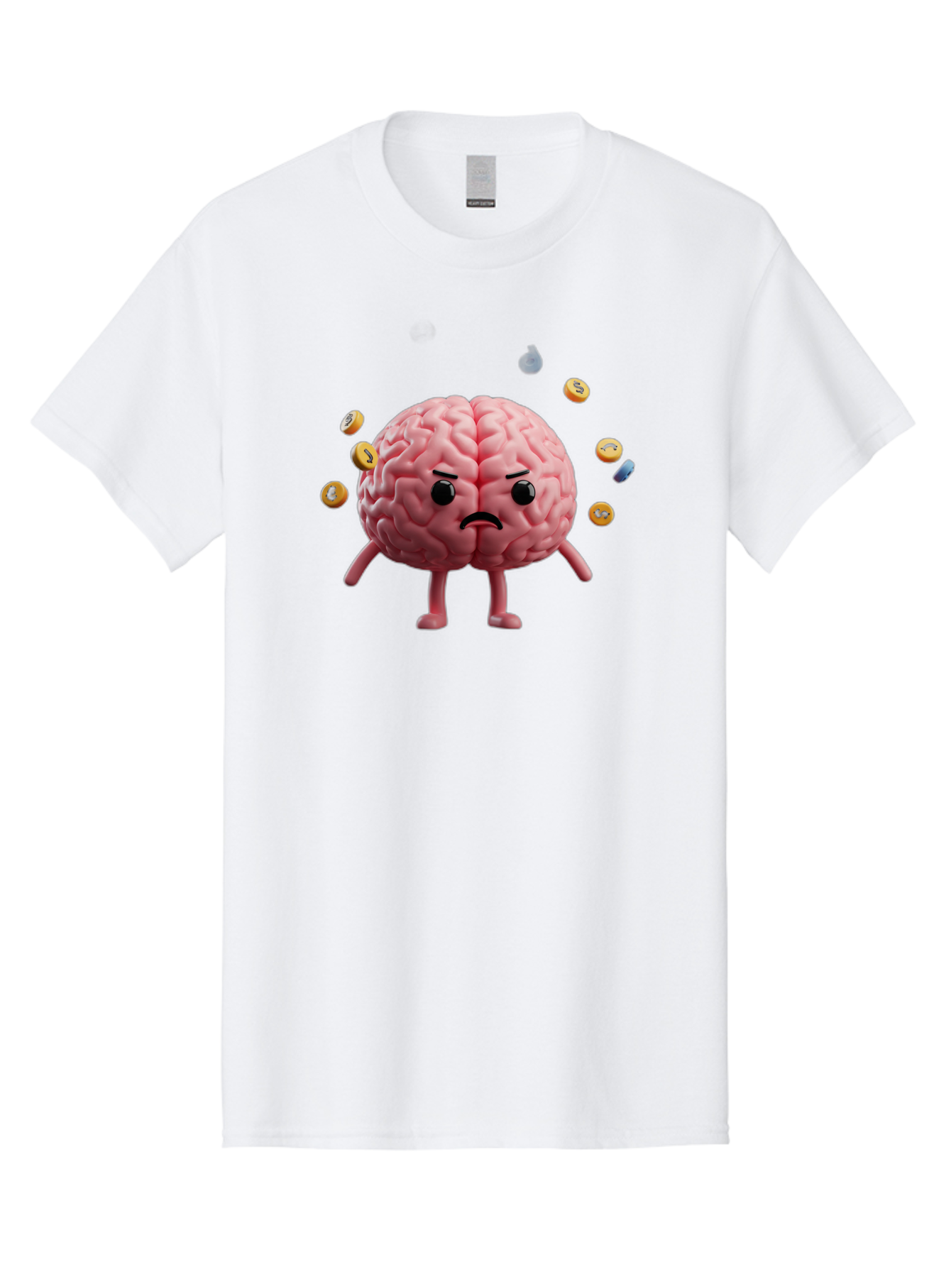 Brain-With-Legs-And-Arms Men'S Graphic Tee, 100% Cotton, Comfortable Casual Summer Wear, Machine Washable, Cartoon Brain, Angry Face, Frowning, Confused Expression, Scattered Pills, Medication, Health Issue, Cognitive Function, Baa217