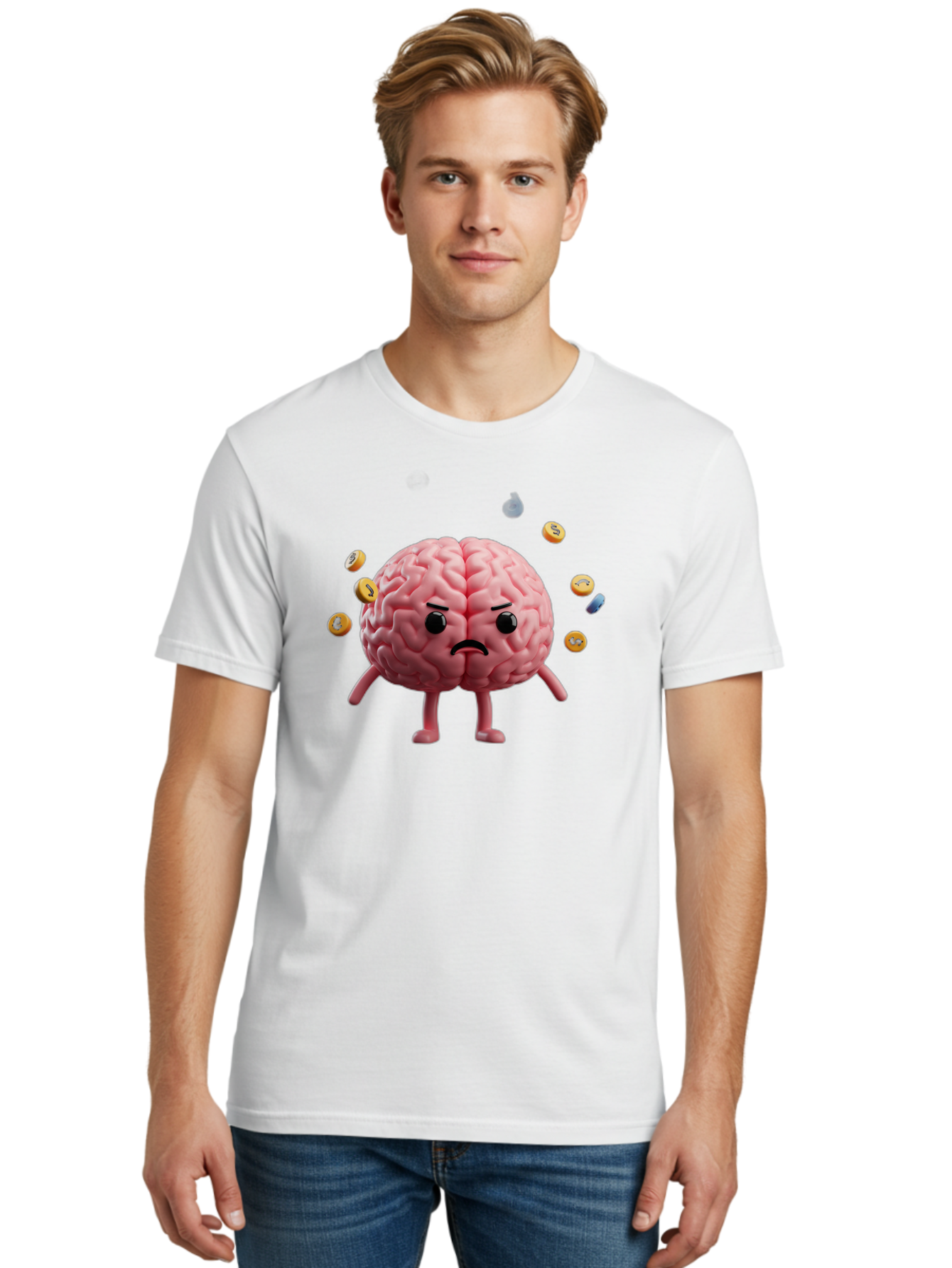 Brain-With-Legs-And-Arms Men'S Graphic Tee, 100% Cotton, Comfortable Casual Summer Wear, Machine Washable, Cartoon Brain, Angry Face, Frowning, Confused Expression, Scattered Pills, Medication, Health Issue, Cognitive Function, Baa217