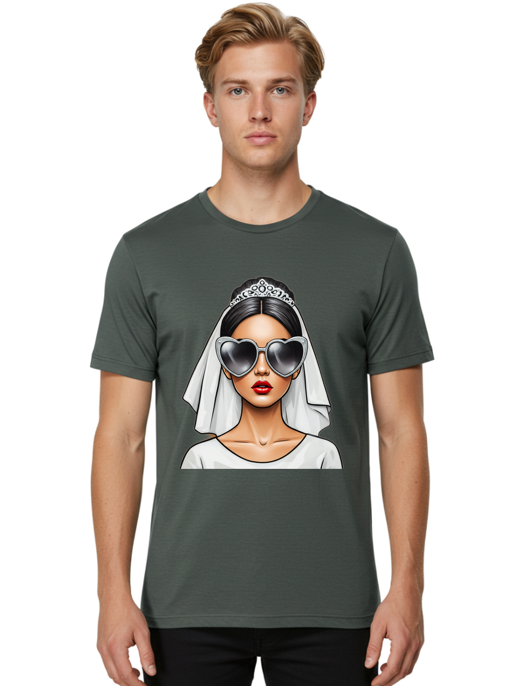 Bride-1 Men'S Graphic Tee, 100% Cotton, Comfortable Casual Summer Wear, Machine Washable, Bride Wearing Sunglasses, Heart-Shaped Shades, White Veil, Red Lips, Elegant Style, Fashionable Bride, Modern Wedding Attire, Trendy Accessories Baa218
