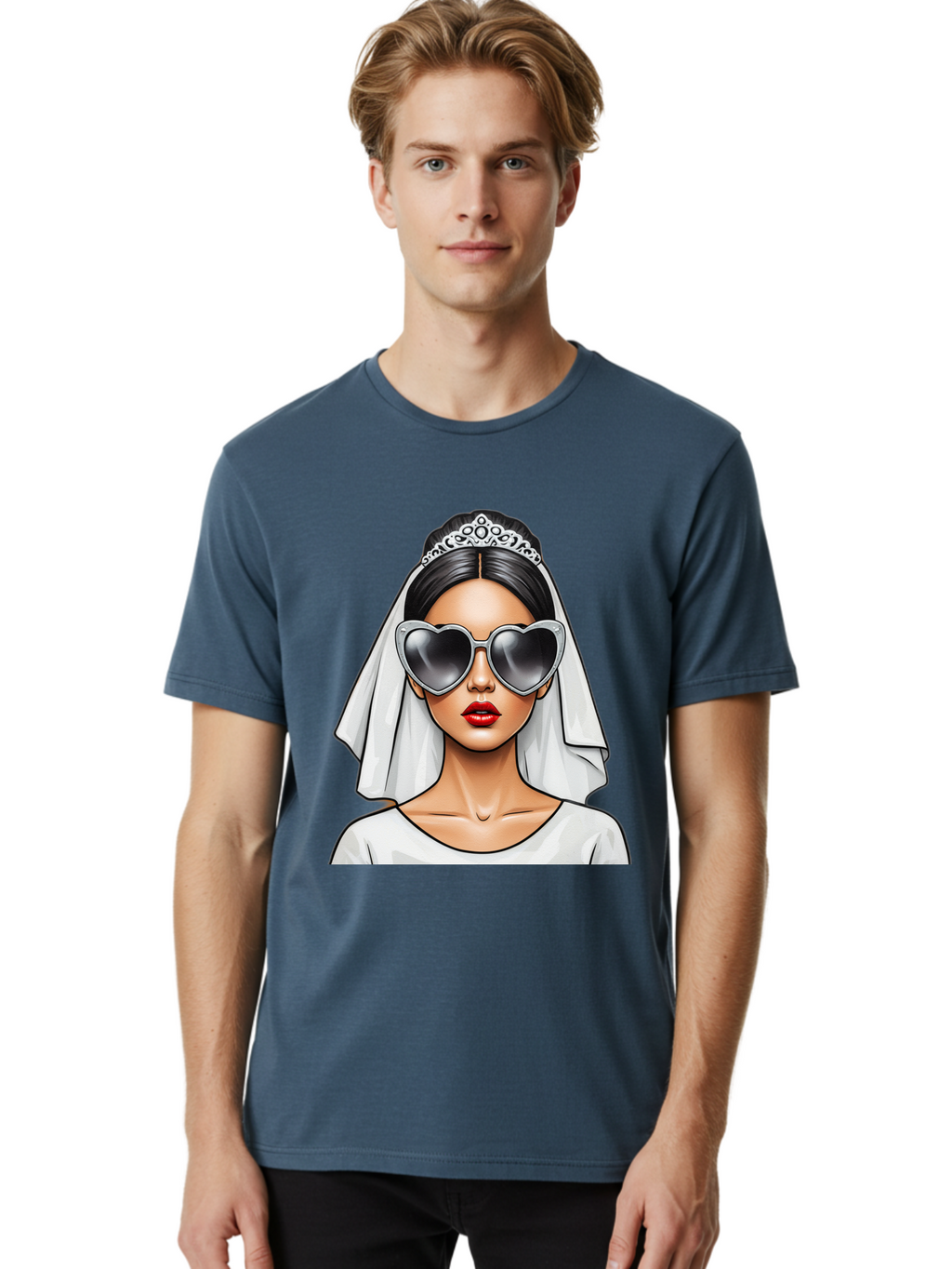 Bride-1 Men'S Graphic Tee, 100% Cotton, Comfortable Casual Summer Wear, Machine Washable, Bride Wearing Sunglasses, Heart-Shaped Shades, White Veil, Red Lips, Elegant Style, Fashionable Bride, Modern Wedding Attire, Trendy Accessories Baa218