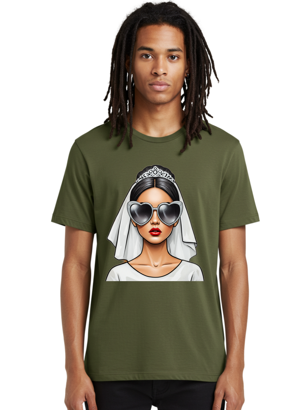 Bride-1 Men'S Graphic Tee, 100% Cotton, Comfortable Casual Summer Wear, Machine Washable, Bride Wearing Sunglasses, Heart-Shaped Shades, White Veil, Red Lips, Elegant Style, Fashionable Bride, Modern Wedding Attire, Trendy Accessories Baa218