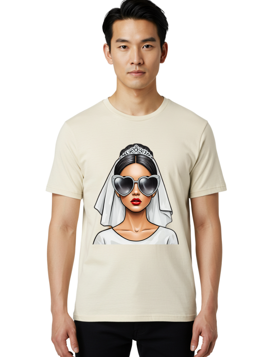 Bride-1 Men'S Graphic Tee, 100% Cotton, Comfortable Casual Summer Wear, Machine Washable, Bride Wearing Sunglasses, Heart-Shaped Shades, White Veil, Red Lips, Elegant Style, Fashionable Bride, Modern Wedding Attire, Trendy Accessories Baa218
