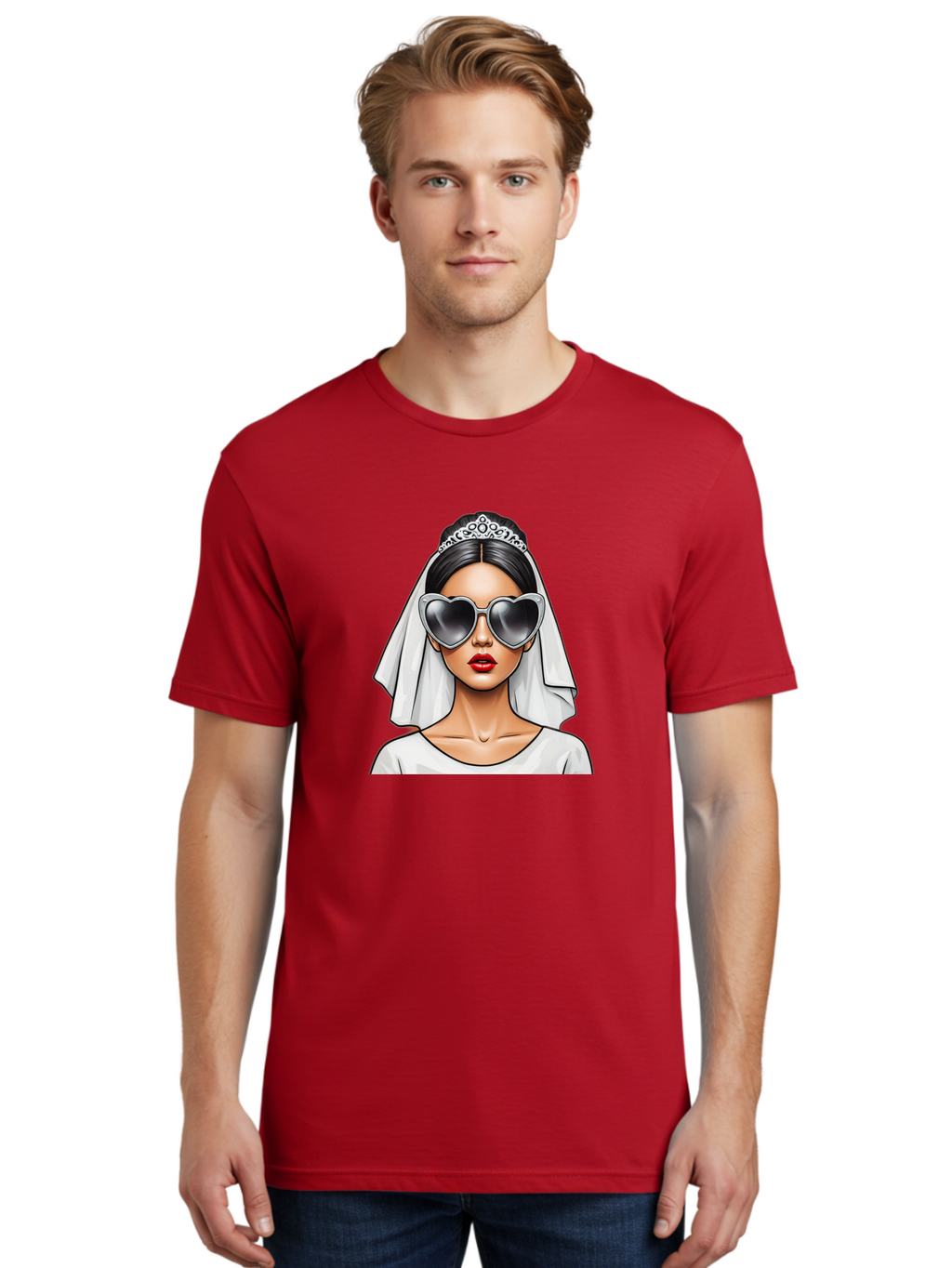 Bride-1 Men'S Graphic Tee, 100% Cotton, Comfortable Casual Summer Wear, Machine Washable, Bride Wearing Sunglasses, Heart-Shaped Shades, White Veil, Red Lips, Elegant Style, Fashionable Bride, Modern Wedding Attire, Trendy Accessories Baa218