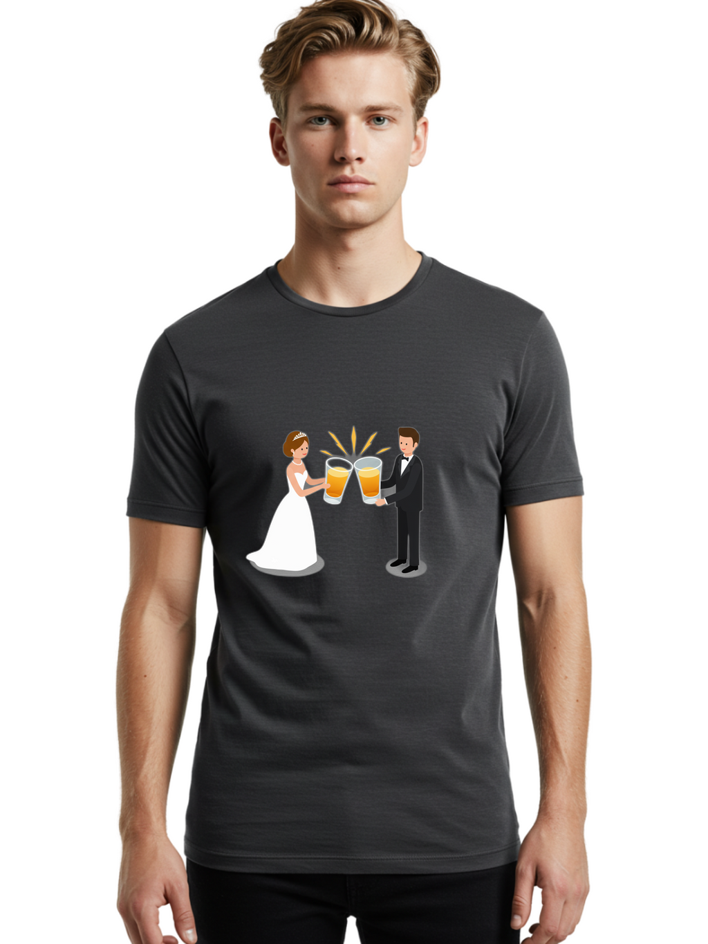 Bride-And-Groom-Cheers-1 Men'S Graphic Tee, 100% Cotton, Comfortable Casual Summer Wear, Machine Washable, Bride And Groom Toasting, Wedding Celebration, Beer Cheers, Love And Happiness, Newlyweds, Couple Goals, Marriage Bliss, Toast To Love, Baa219