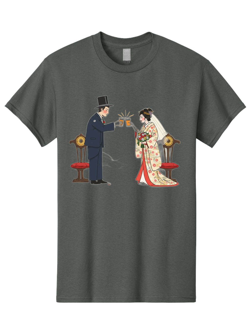 Bride-And-Groom-Cheers Men'S Graphic Tee, 100% Cotton, Comfortable Casual Summer Wear, Machine Washable, Bride In Traditional Kimono, Groom In Top Hat And Suit, Toast With Beer Glasses, Wedding Ceremony, Traditional Japanese Wedding, Baa220