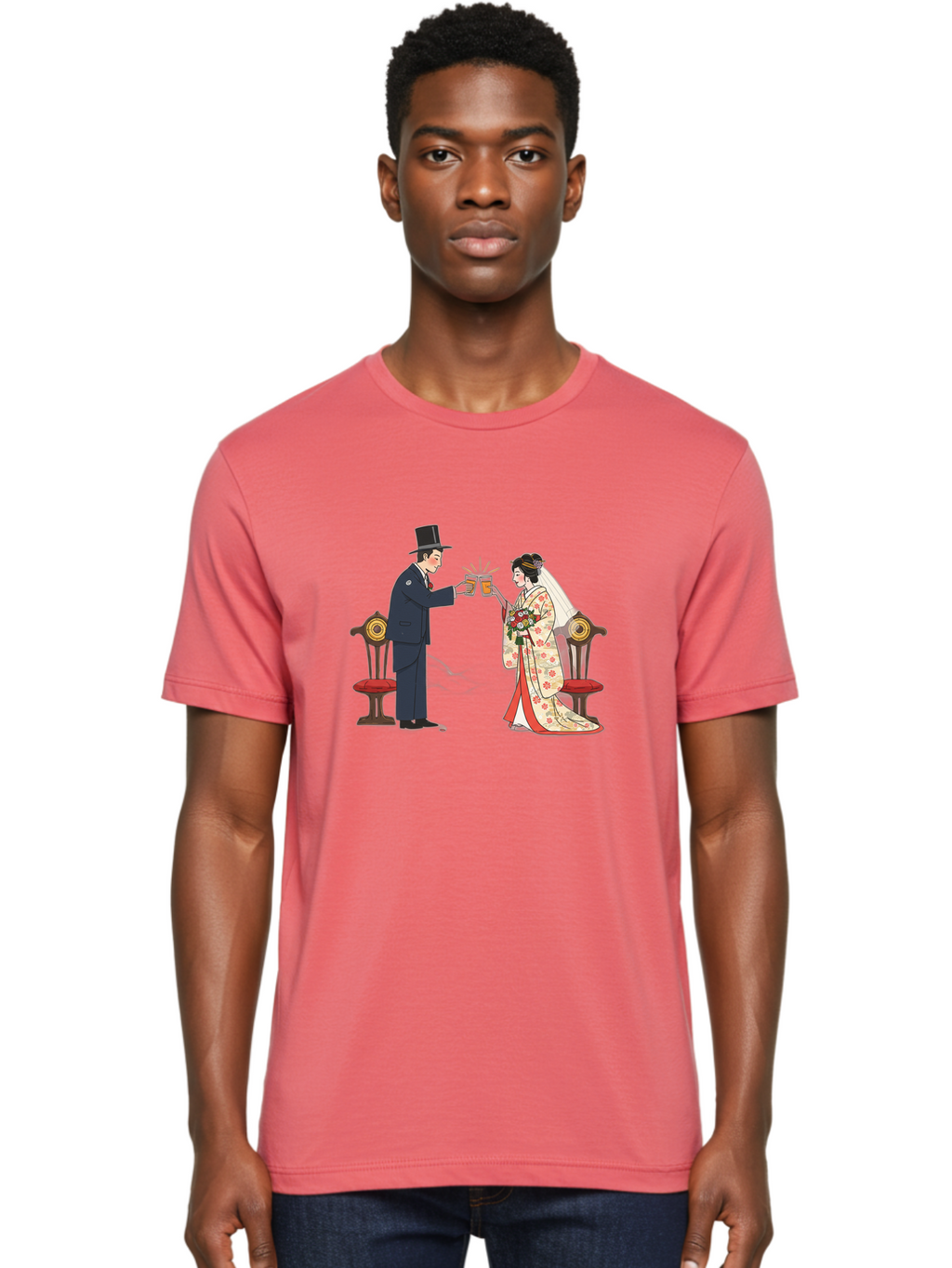 Bride-And-Groom-Cheers Men'S Graphic Tee, 100% Cotton, Comfortable Casual Summer Wear, Machine Washable, Bride In Traditional Kimono, Groom In Top Hat And Suit, Toast With Beer Glasses, Wedding Ceremony, Traditional Japanese Wedding, Baa220