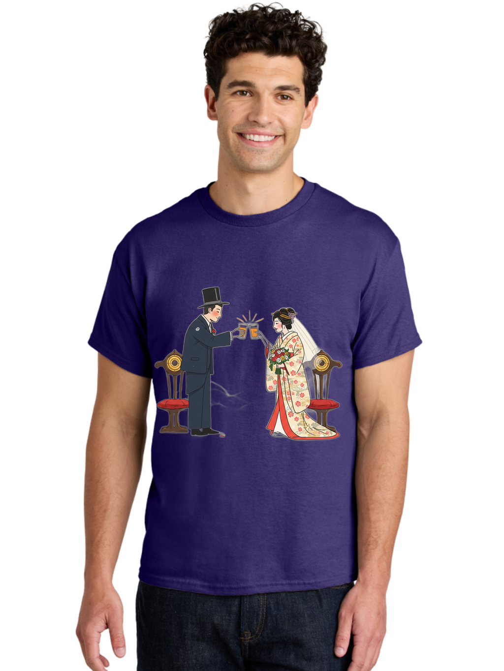 Bride-And-Groom-Cheers Men'S Graphic Tee, 100% Cotton, Comfortable Casual Summer Wear, Machine Washable, Bride In Traditional Kimono, Groom In Top Hat And Suit, Toast With Beer Glasses, Wedding Ceremony, Traditional Japanese Wedding, Baa220