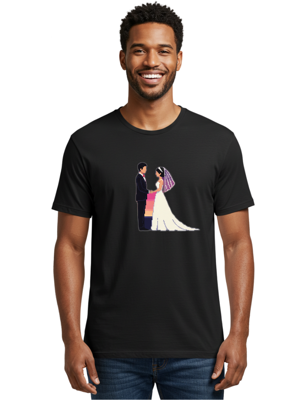 Bride-And-Groom Men'S Graphic Tee, 100% Cotton, Comfortable Casual Summer Wear, Machine Washable, Bride And Groom, Wedding Couple, Love, Romance, Happy Marriage, Newlyweds, Wedding Illustration, Cartoon Couple, Holding Hands, Wedding Dress, Baa221