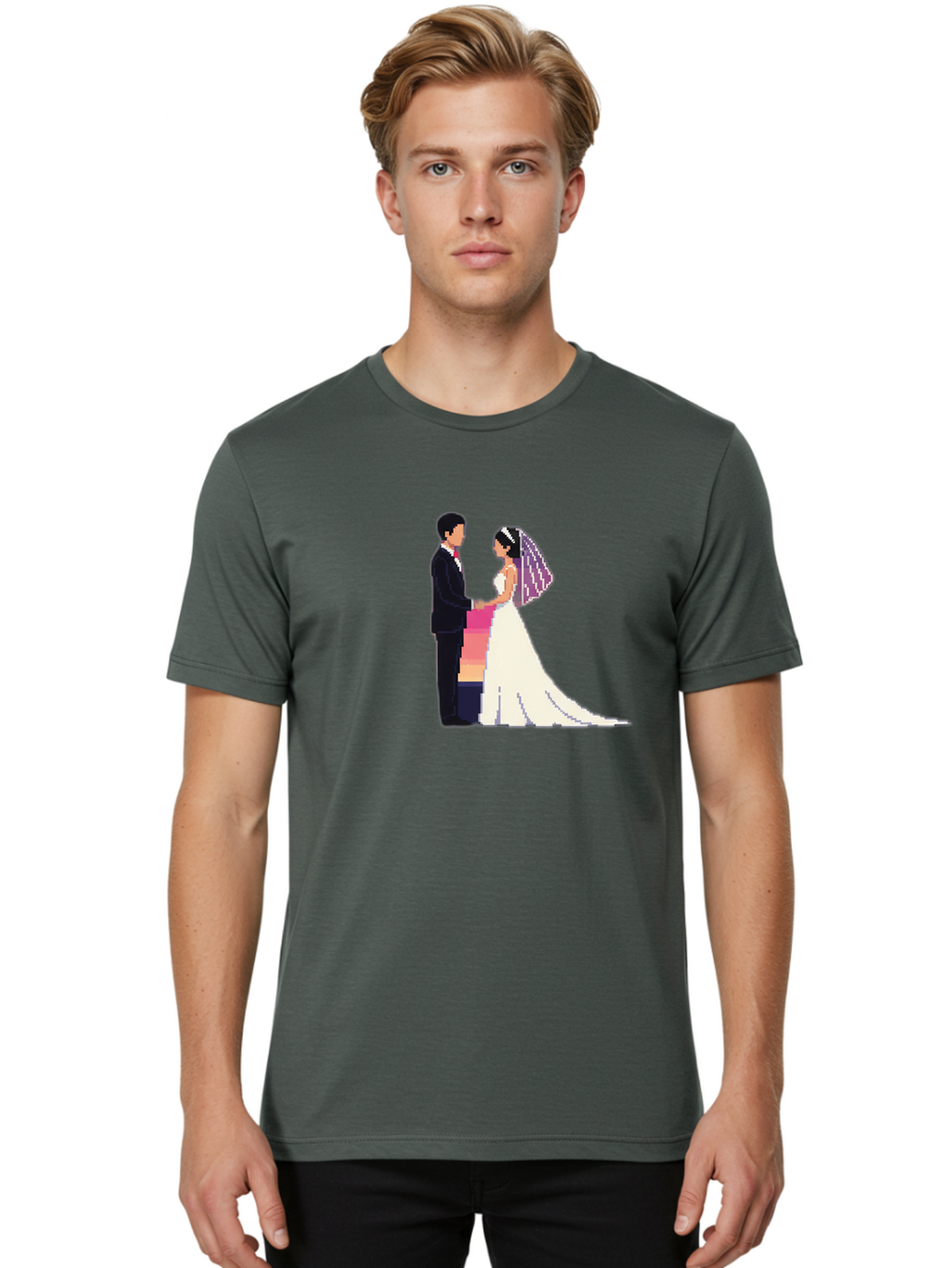 Bride-And-Groom Men'S Graphic Tee, 100% Cotton, Comfortable Casual Summer Wear, Machine Washable, Bride And Groom, Wedding Couple, Love, Romance, Happy Marriage, Newlyweds, Wedding Illustration, Cartoon Couple, Holding Hands, Wedding Dress, Baa221