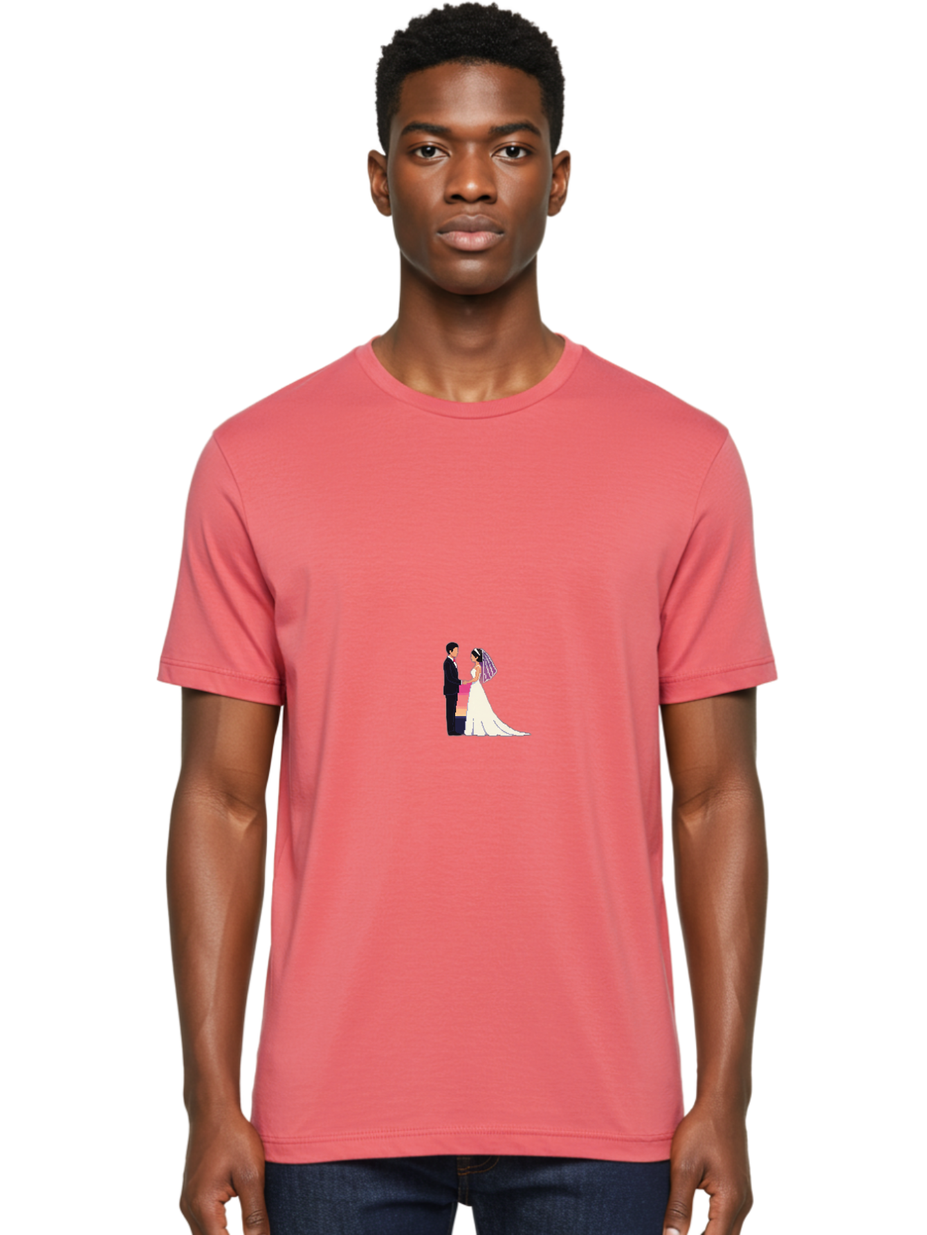 Bride-And-Groom Men'S Graphic Tee, 100% Cotton, Comfortable Casual Summer Wear, Machine Washable, Bride And Groom, Wedding Couple, Love, Romance, Happy Marriage, Newlyweds, Wedding Illustration, Cartoon Couple, Holding Hands, Wedding Dress, Baa221