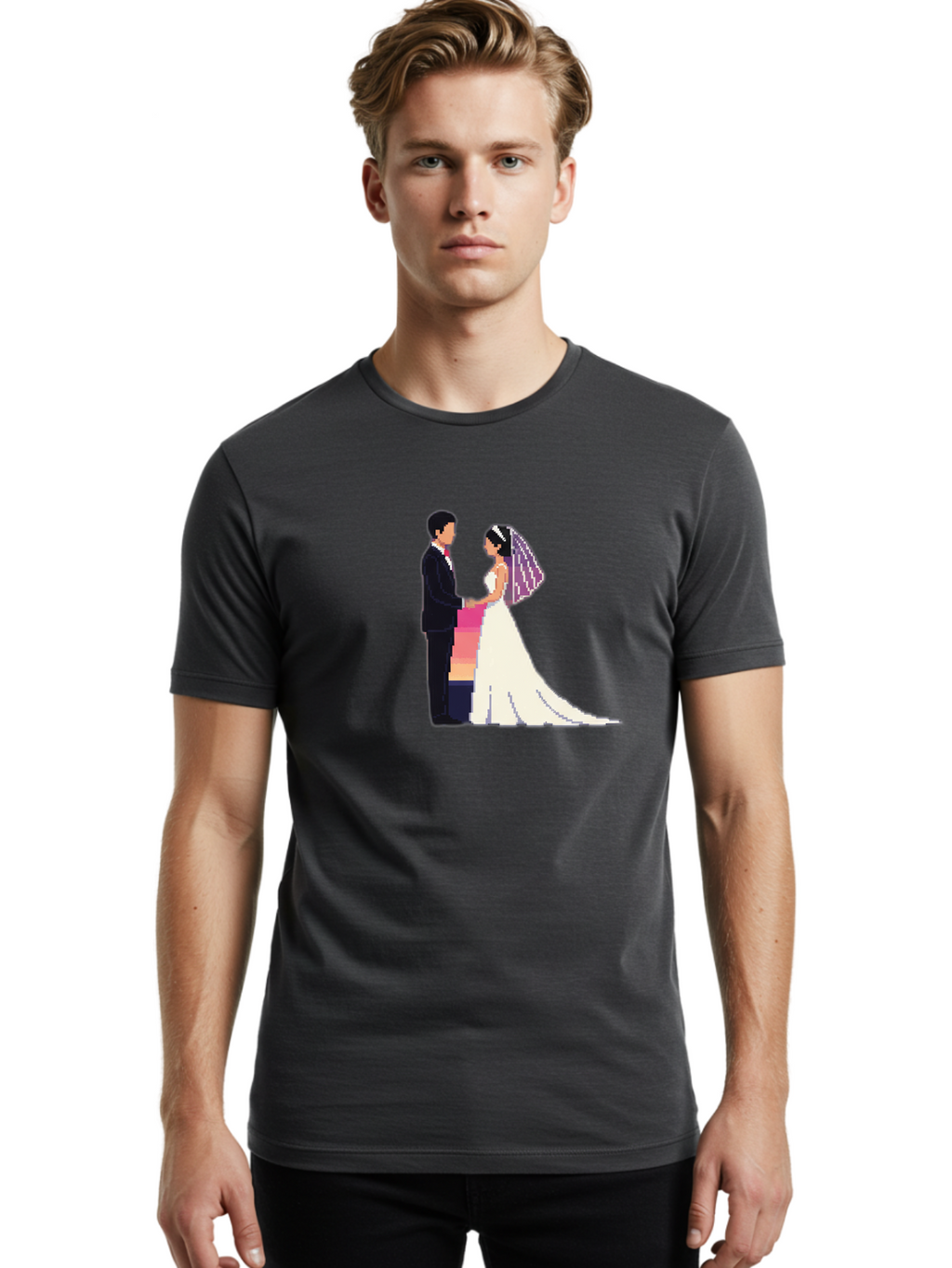 Bride-And-Groom Men'S Graphic Tee, 100% Cotton, Comfortable Casual Summer Wear, Machine Washable, Bride And Groom, Wedding Couple, Love, Romance, Happy Marriage, Newlyweds, Wedding Illustration, Cartoon Couple, Holding Hands, Wedding Dress, Baa221