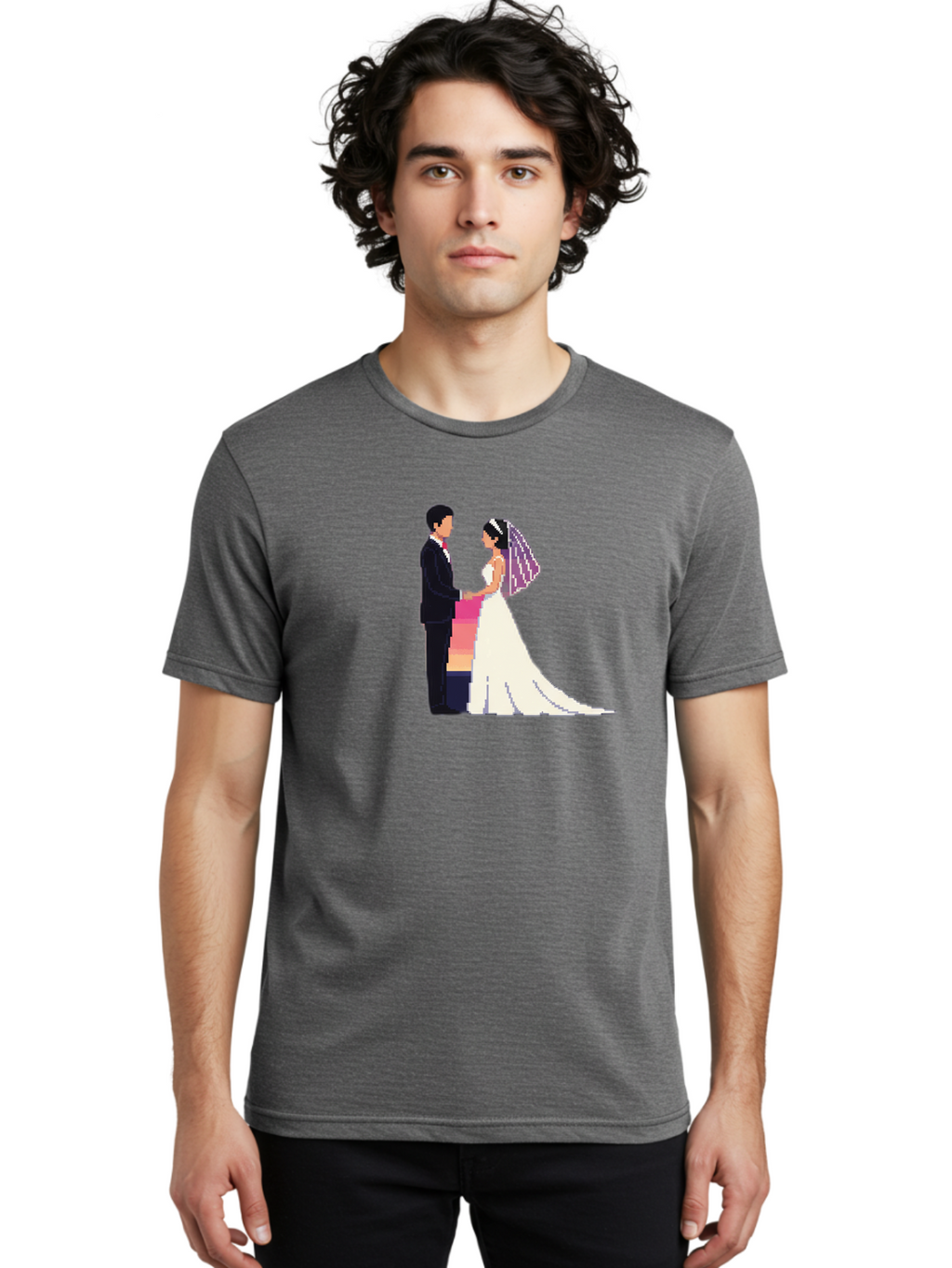 Bride-And-Groom Men'S Graphic Tee, 100% Cotton, Comfortable Casual Summer Wear, Machine Washable, Bride And Groom, Wedding Couple, Love, Romance, Happy Marriage, Newlyweds, Wedding Illustration, Cartoon Couple, Holding Hands, Wedding Dress, Baa221