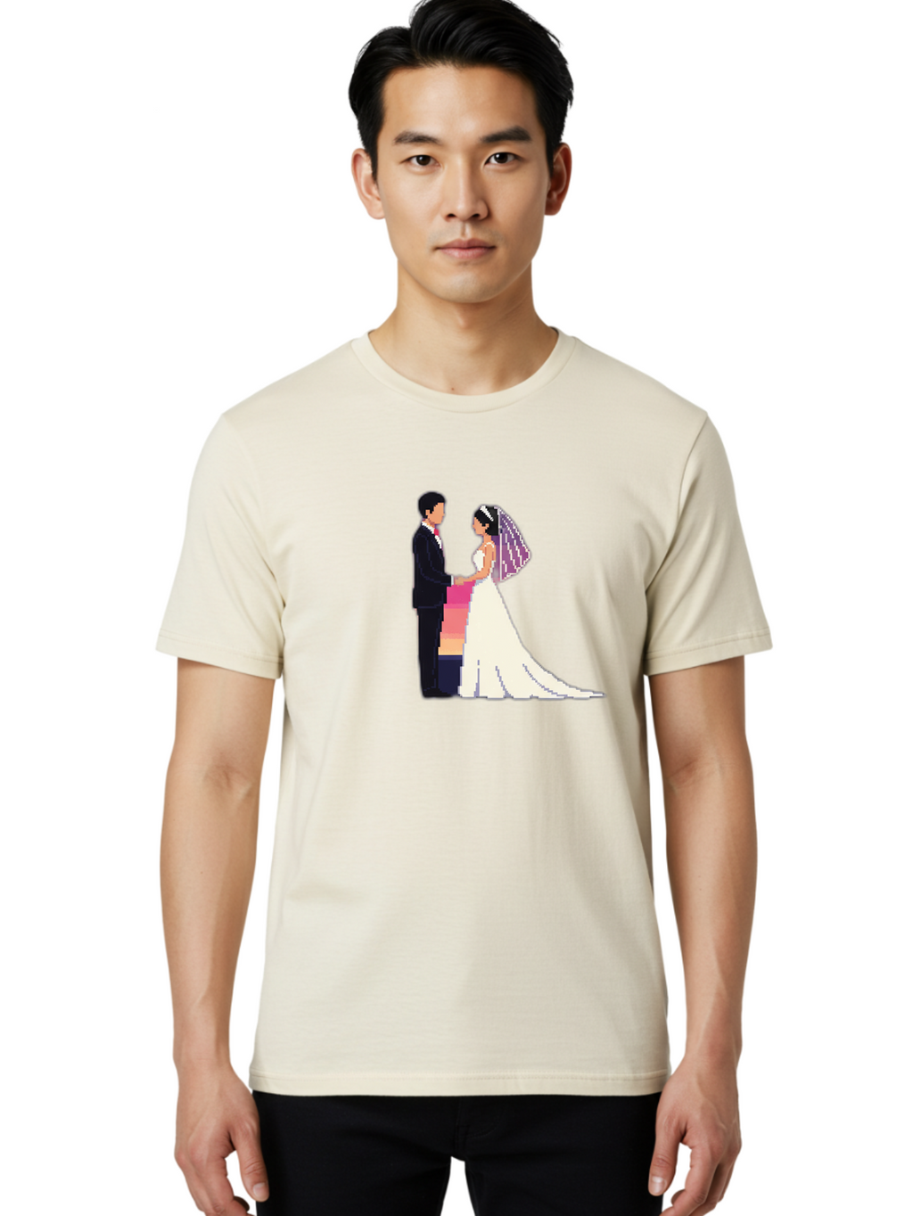 Bride-And-Groom Men'S Graphic Tee, 100% Cotton, Comfortable Casual Summer Wear, Machine Washable, Bride And Groom, Wedding Couple, Love, Romance, Happy Marriage, Newlyweds, Wedding Illustration, Cartoon Couple, Holding Hands, Wedding Dress, Baa221