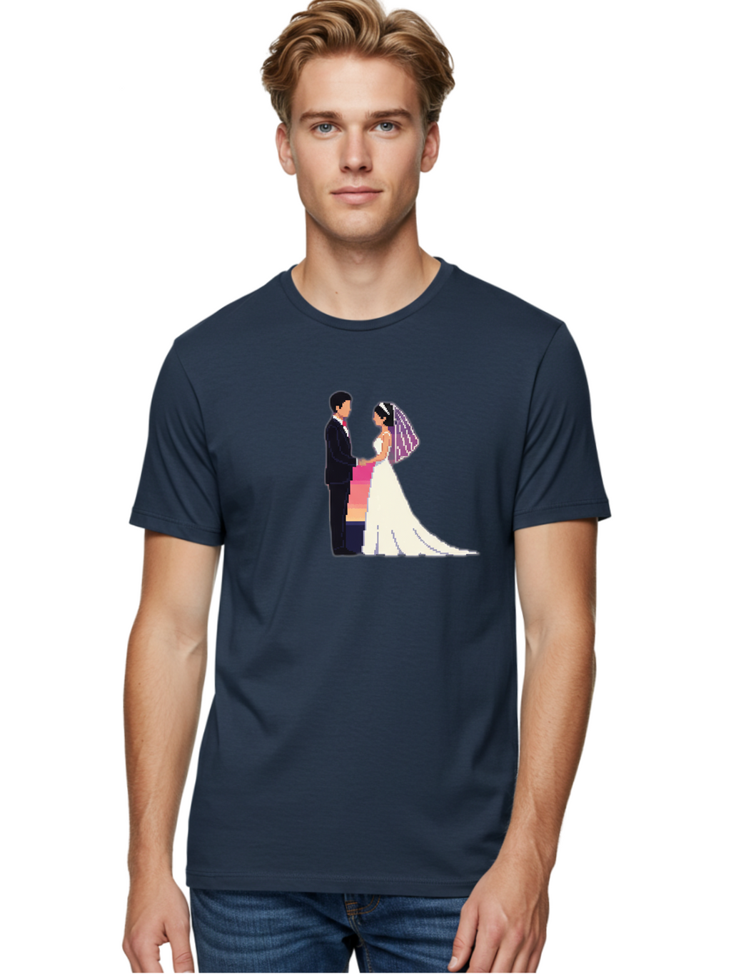 Bride-And-Groom Men'S Graphic Tee, 100% Cotton, Comfortable Casual Summer Wear, Machine Washable, Bride And Groom, Wedding Couple, Love, Romance, Happy Marriage, Newlyweds, Wedding Illustration, Cartoon Couple, Holding Hands, Wedding Dress, Baa221