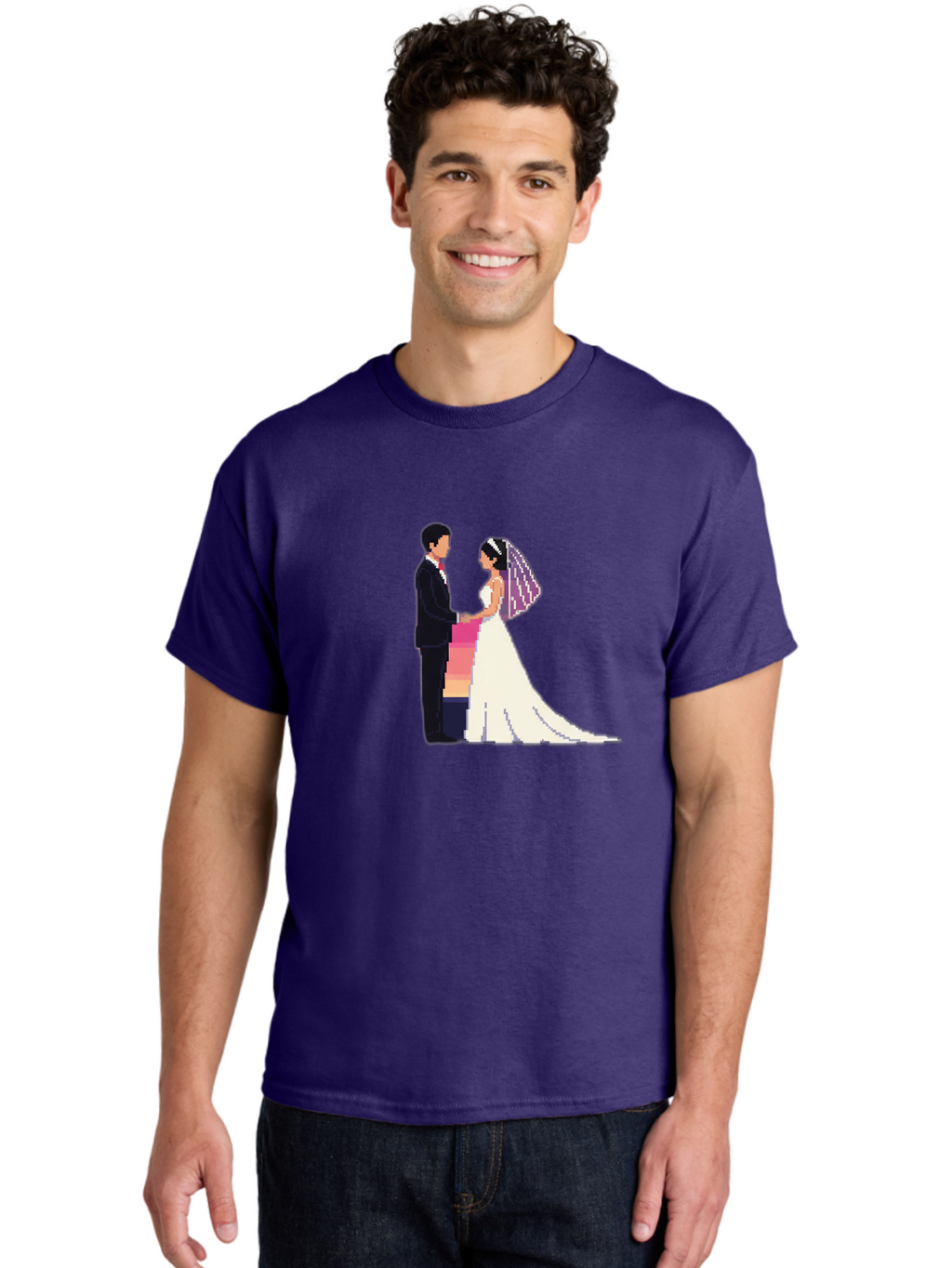 Bride-And-Groom Men'S Graphic Tee, 100% Cotton, Comfortable Casual Summer Wear, Machine Washable, Bride And Groom, Wedding Couple, Love, Romance, Happy Marriage, Newlyweds, Wedding Illustration, Cartoon Couple, Holding Hands, Wedding Dress, Baa221