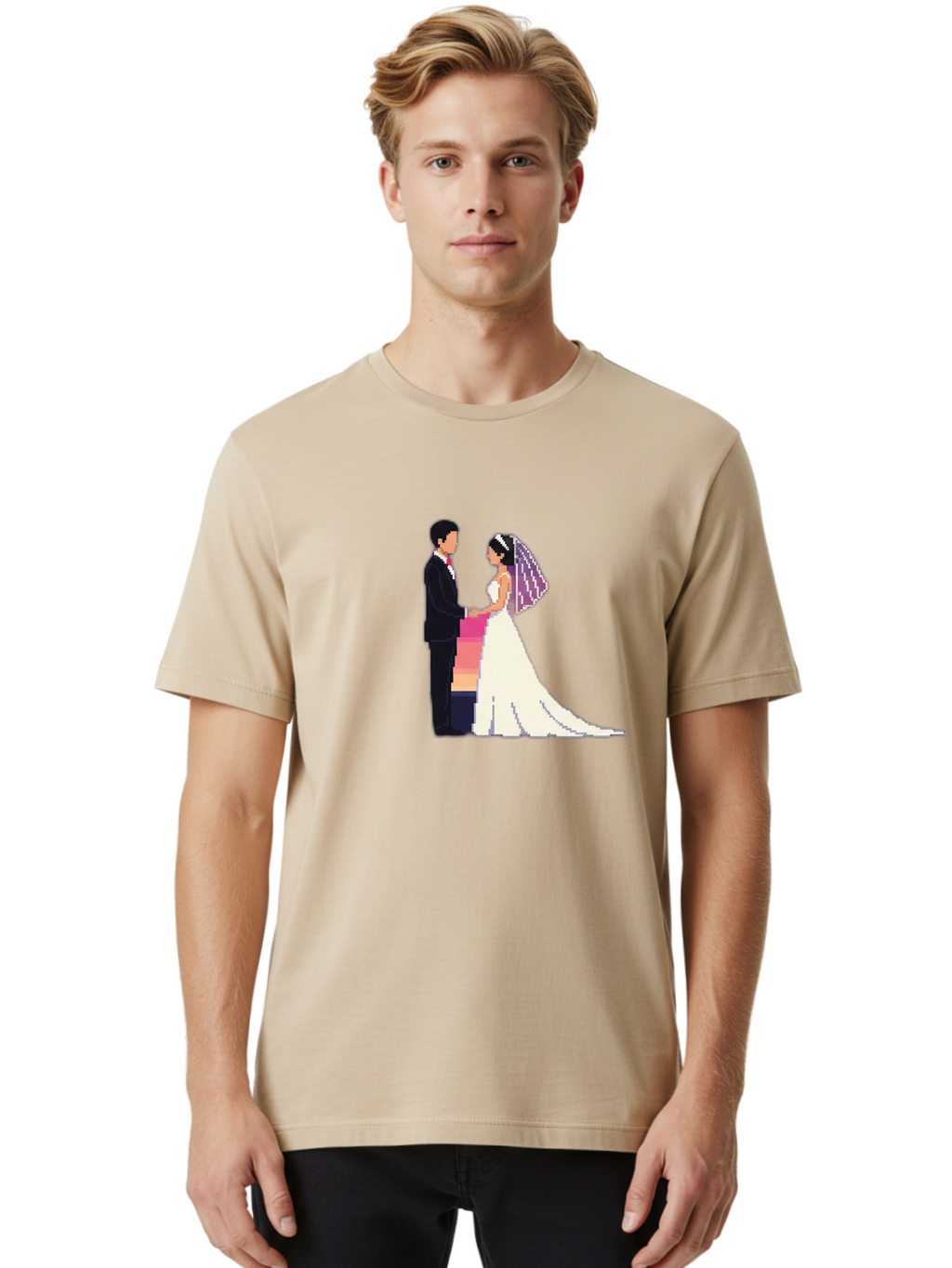 Bride-And-Groom Men'S Graphic Tee, 100% Cotton, Comfortable Casual Summer Wear, Machine Washable, Bride And Groom, Wedding Couple, Love, Romance, Happy Marriage, Newlyweds, Wedding Illustration, Cartoon Couple, Holding Hands, Wedding Dress, Baa221