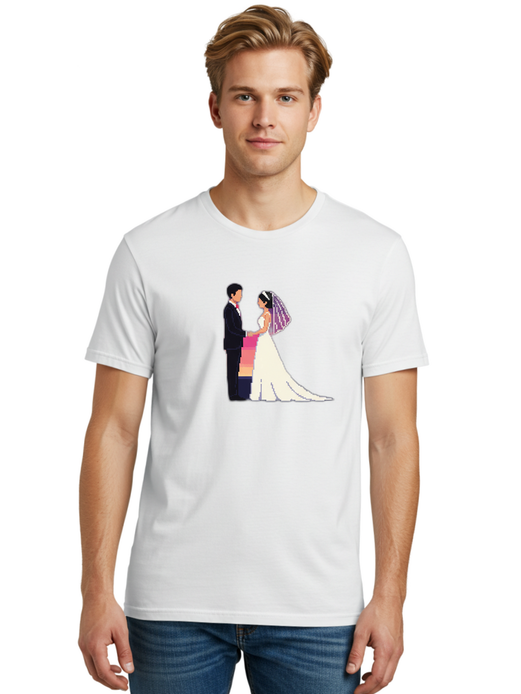 Bride-And-Groom Men'S Graphic Tee, 100% Cotton, Comfortable Casual Summer Wear, Machine Washable, Bride And Groom, Wedding Couple, Love, Romance, Happy Marriage, Newlyweds, Wedding Illustration, Cartoon Couple, Holding Hands, Wedding Dress, Baa221