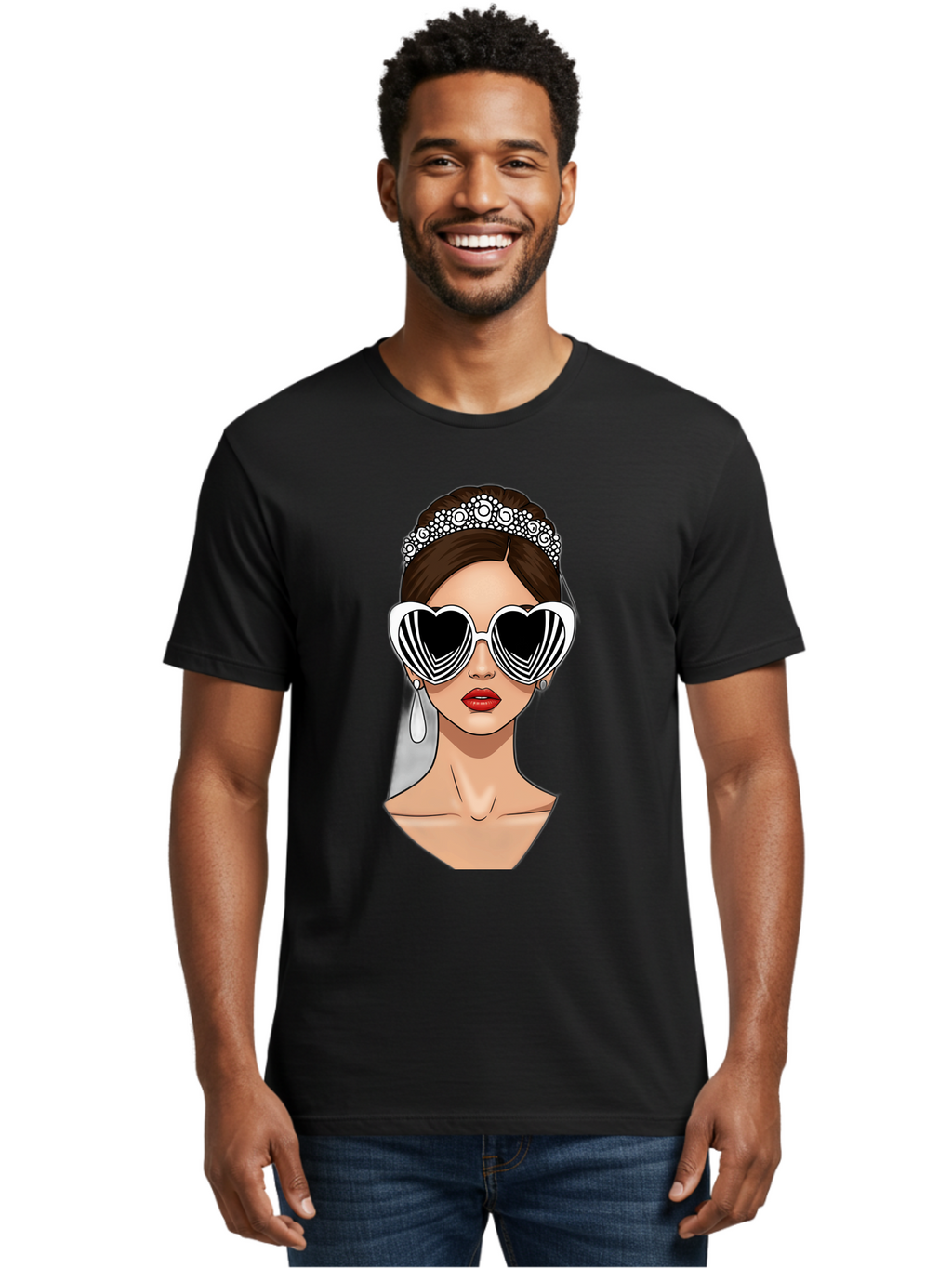 Bride-Fashion-1 Men'S Graphic Tee, 100% Cotton, Comfortable Casual Summer Wear, Machine Washable, Illustration Of Bride, Heart-Shaped Sunglasses, Red Lips, Fashionable Accessories, Wedding Accessories, Wedding Jewelry, Glamorous Style, Baa222