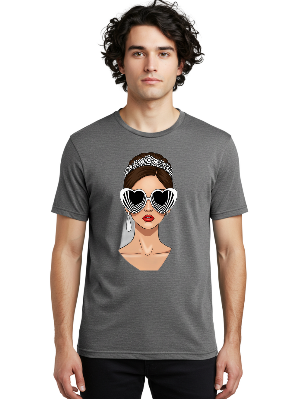 Bride-Fashion-1 Men'S Graphic Tee, 100% Cotton, Comfortable Casual Summer Wear, Machine Washable, Illustration Of Bride, Heart-Shaped Sunglasses, Red Lips, Fashionable Accessories, Wedding Accessories, Wedding Jewelry, Glamorous Style, Baa222