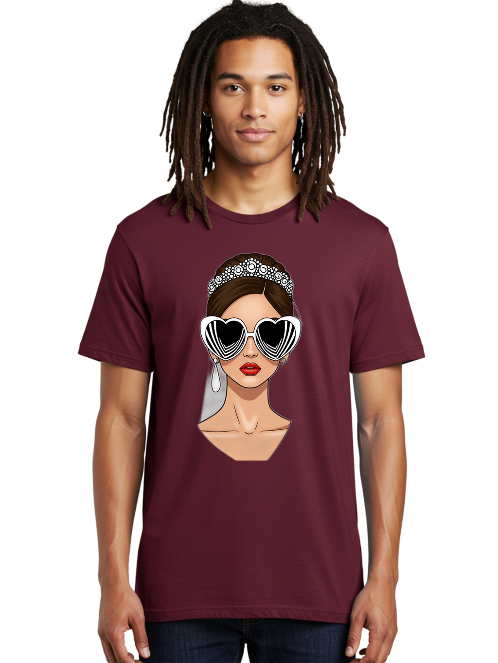 Bride-Fashion-1 Men'S Graphic Tee, 100% Cotton, Comfortable Casual Summer Wear, Machine Washable, Illustration Of Bride, Heart-Shaped Sunglasses, Red Lips, Fashionable Accessories, Wedding Accessories, Wedding Jewelry, Glamorous Style, Baa222