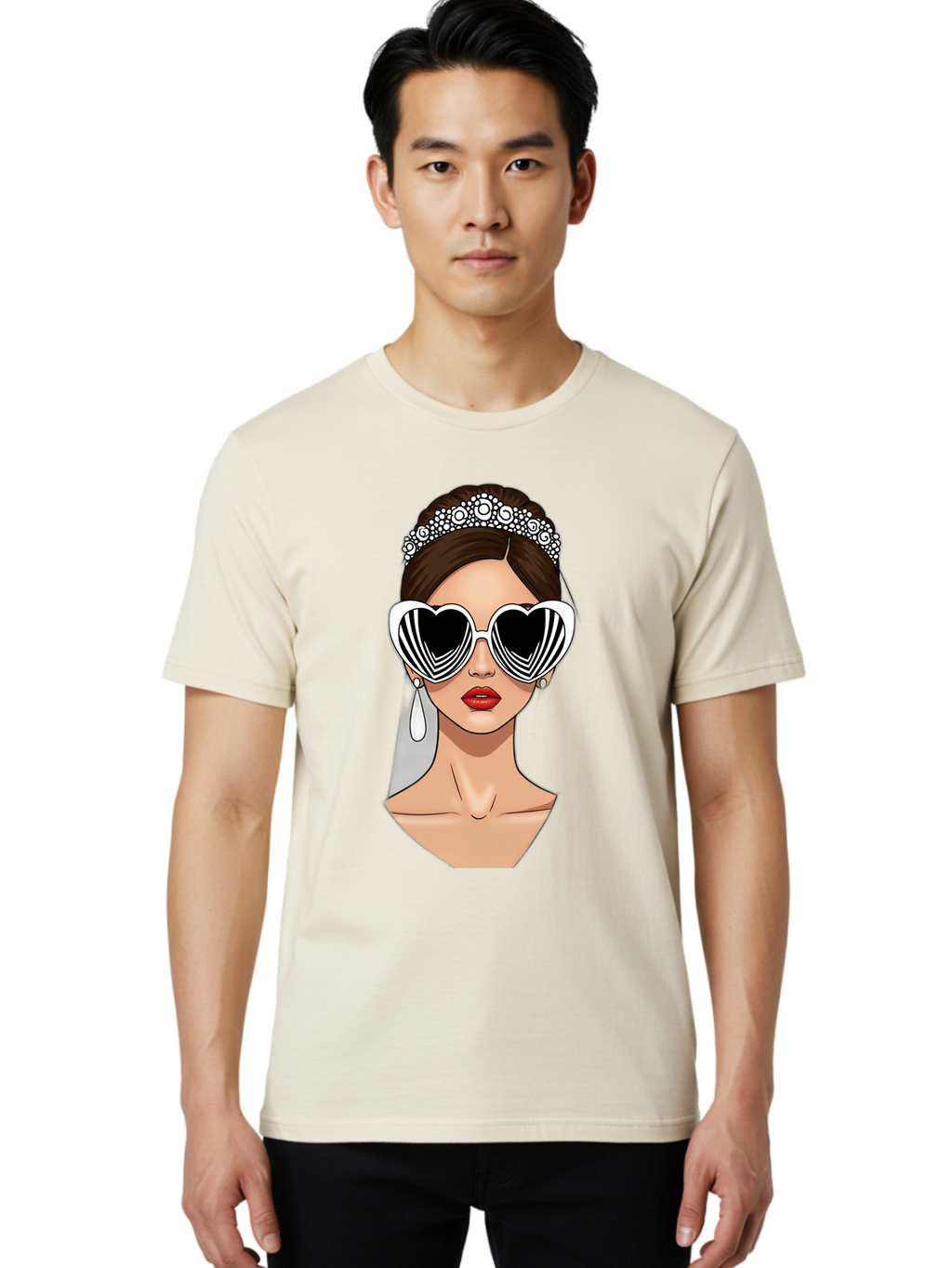 Bride-Fashion-1 Men'S Graphic Tee, 100% Cotton, Comfortable Casual Summer Wear, Machine Washable, Illustration Of Bride, Heart-Shaped Sunglasses, Red Lips, Fashionable Accessories, Wedding Accessories, Wedding Jewelry, Glamorous Style, Baa222