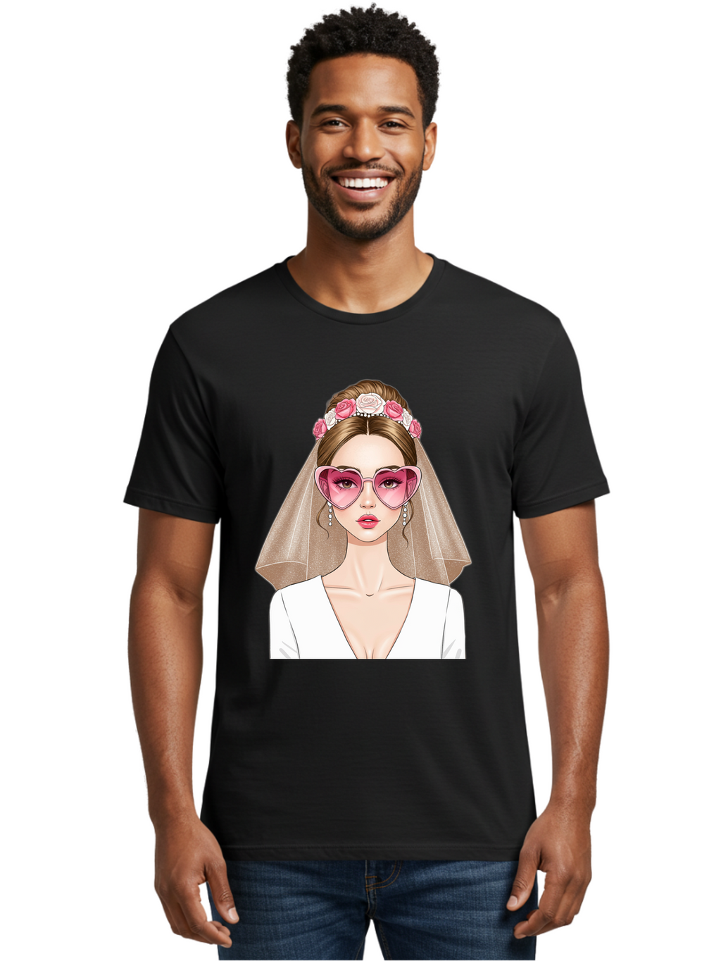 Bride-Fashion Men'S Graphic Tee, 100% Cotton, Comfortable Casual Summer Wear, Machine Washable, Bride With Veil, Heart-Shaped Sunglasses, Floral Hairpiece, White Wedding Dress, Stylish Accessories, Fashionable Wedding Attire, Chic Bridal Look, Baa223
