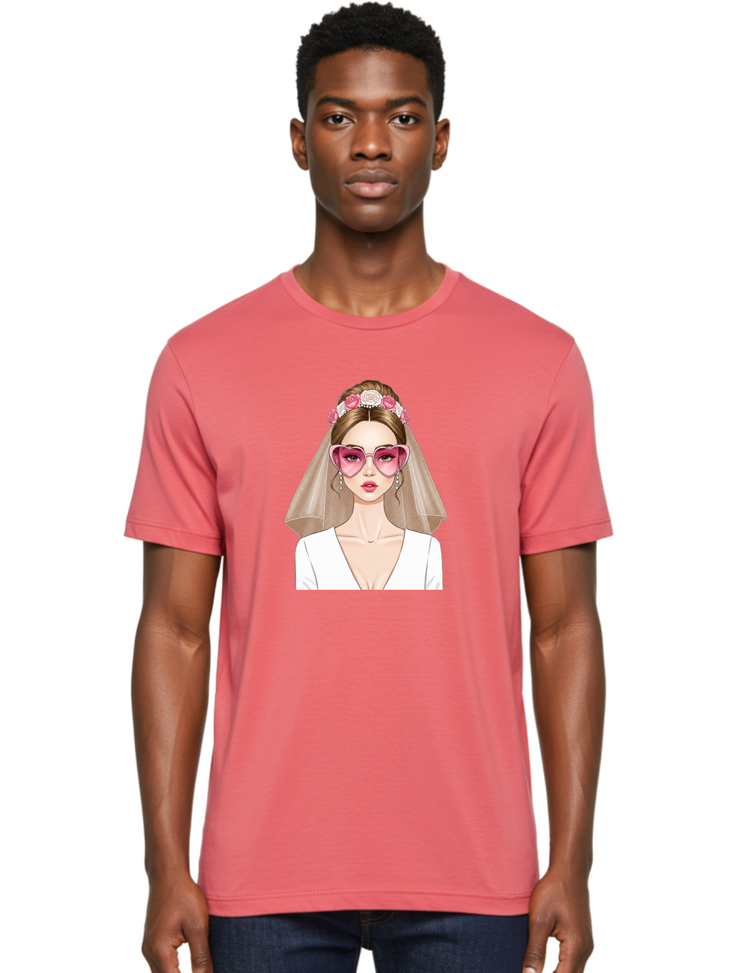 Bride-Fashion Men'S Graphic Tee, 100% Cotton, Comfortable Casual Summer Wear, Machine Washable, Bride With Veil, Heart-Shaped Sunglasses, Floral Hairpiece, White Wedding Dress, Stylish Accessories, Fashionable Wedding Attire, Chic Bridal Look, Baa223