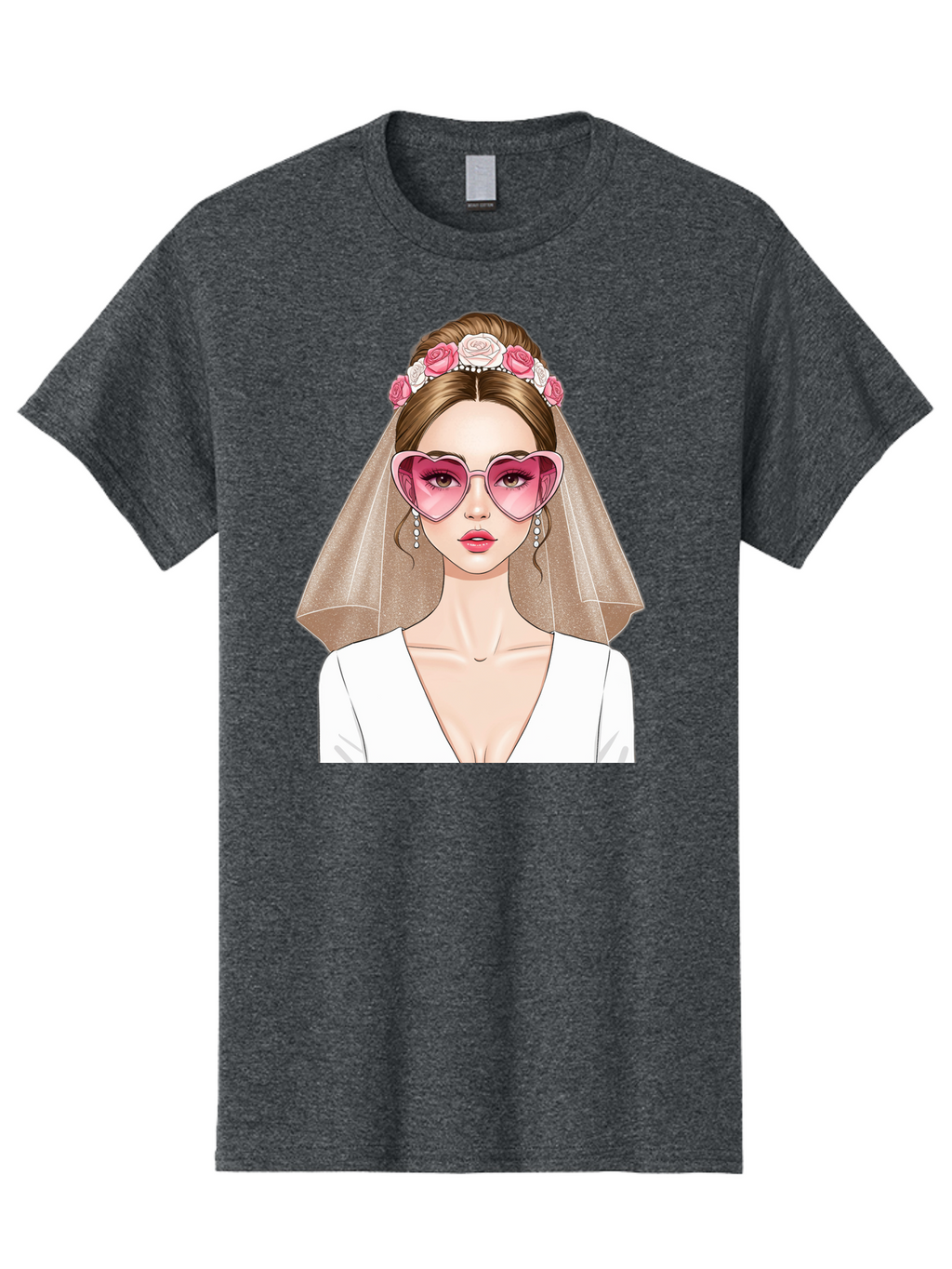 Bride-Fashion Men'S Graphic Tee, 100% Cotton, Comfortable Casual Summer Wear, Machine Washable, Bride With Veil, Heart-Shaped Sunglasses, Floral Hairpiece, White Wedding Dress, Stylish Accessories, Fashionable Wedding Attire, Chic Bridal Look, Baa223